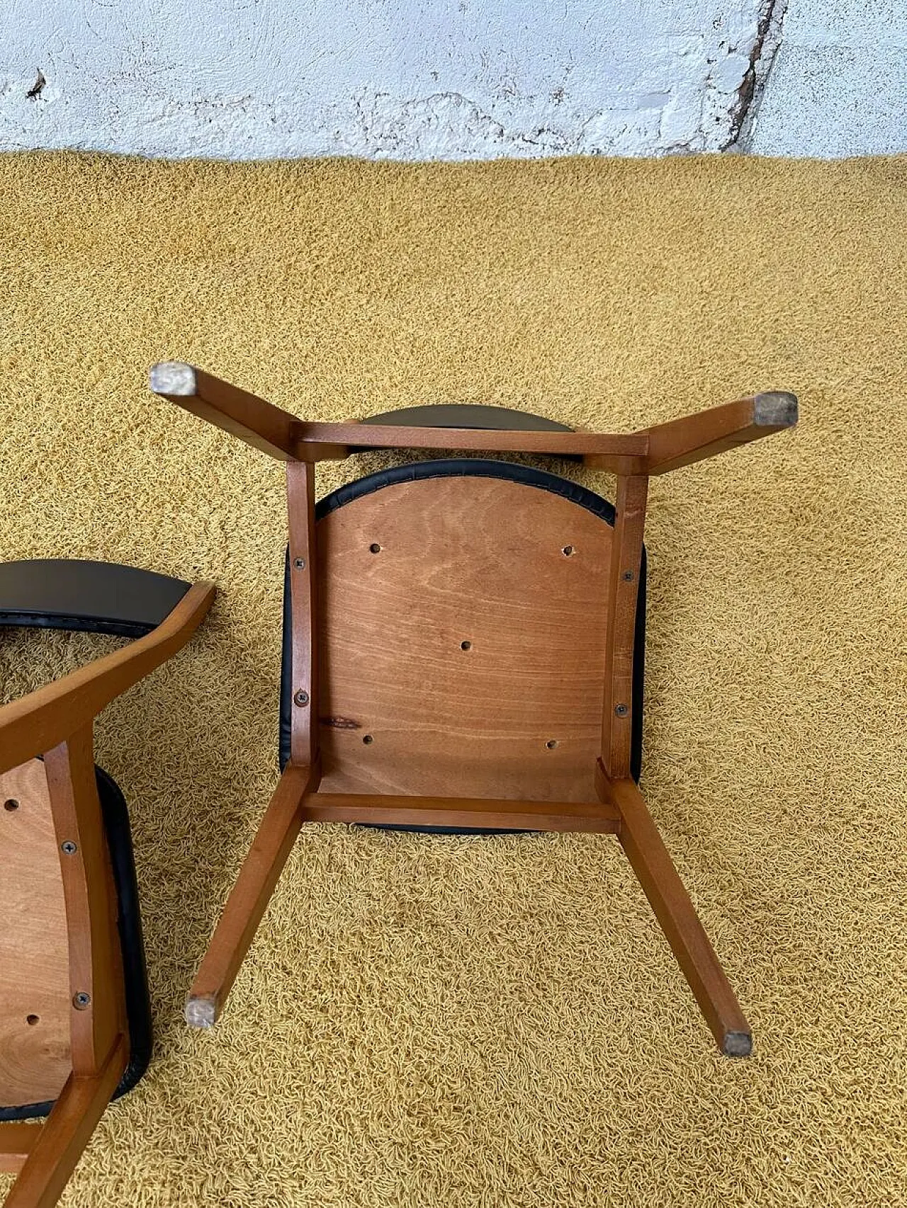 4 Scandinavian chairs in teak and black imitation leather,20th century 12