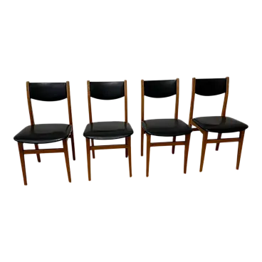 4 Scandinavian chairs in teak and black imitation leather,20th century