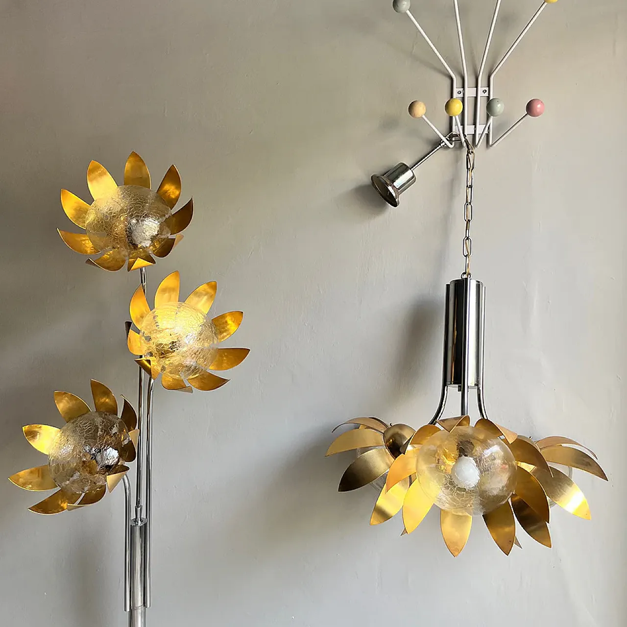 Brass and steel floral pendant lamp, 1970s 3
