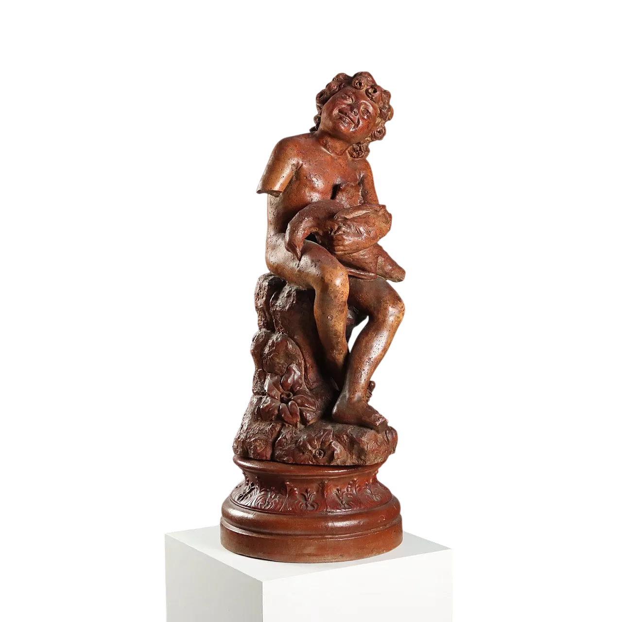 Patinated terracotta sculpture depicting boy with dove, 20th century 10