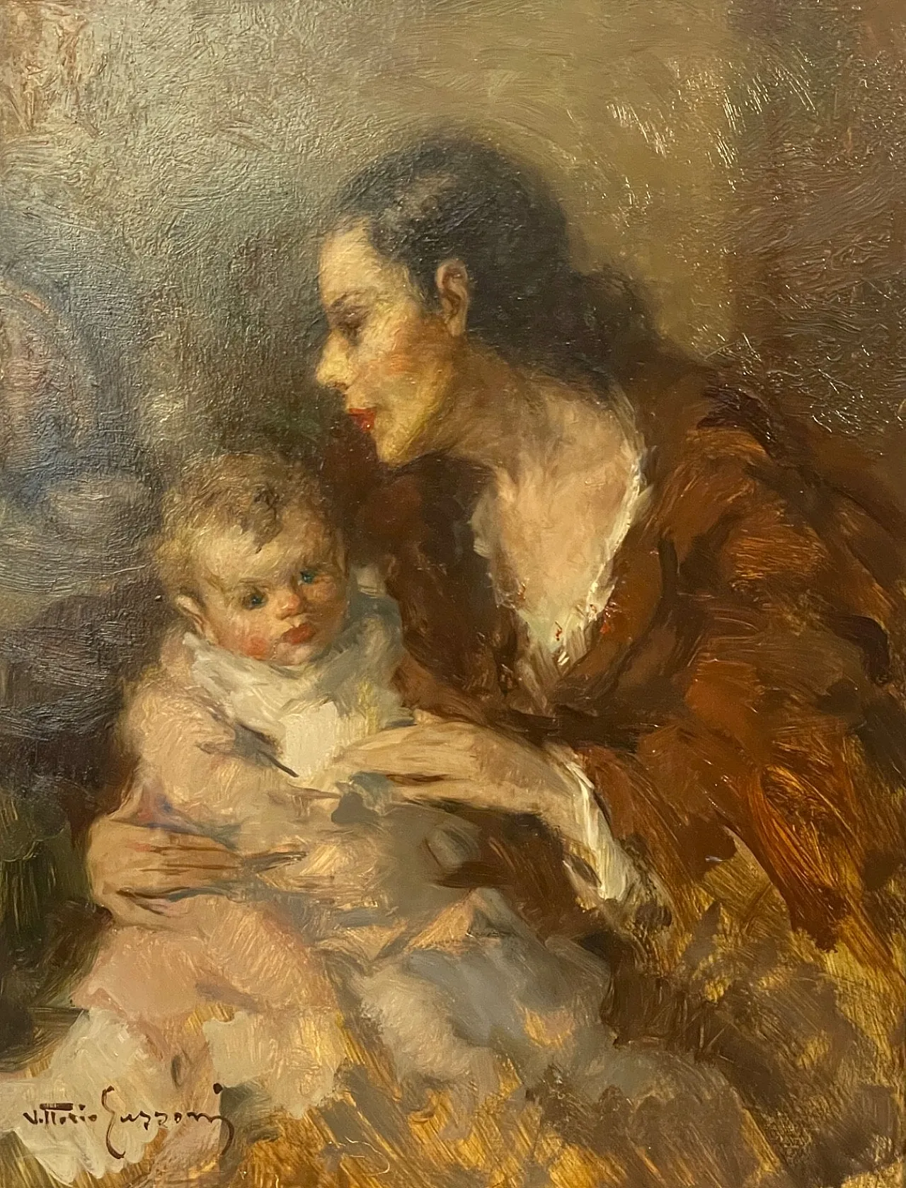 Maternità, dipinto olio su tavola di Vittorio Gussoni, '800 2