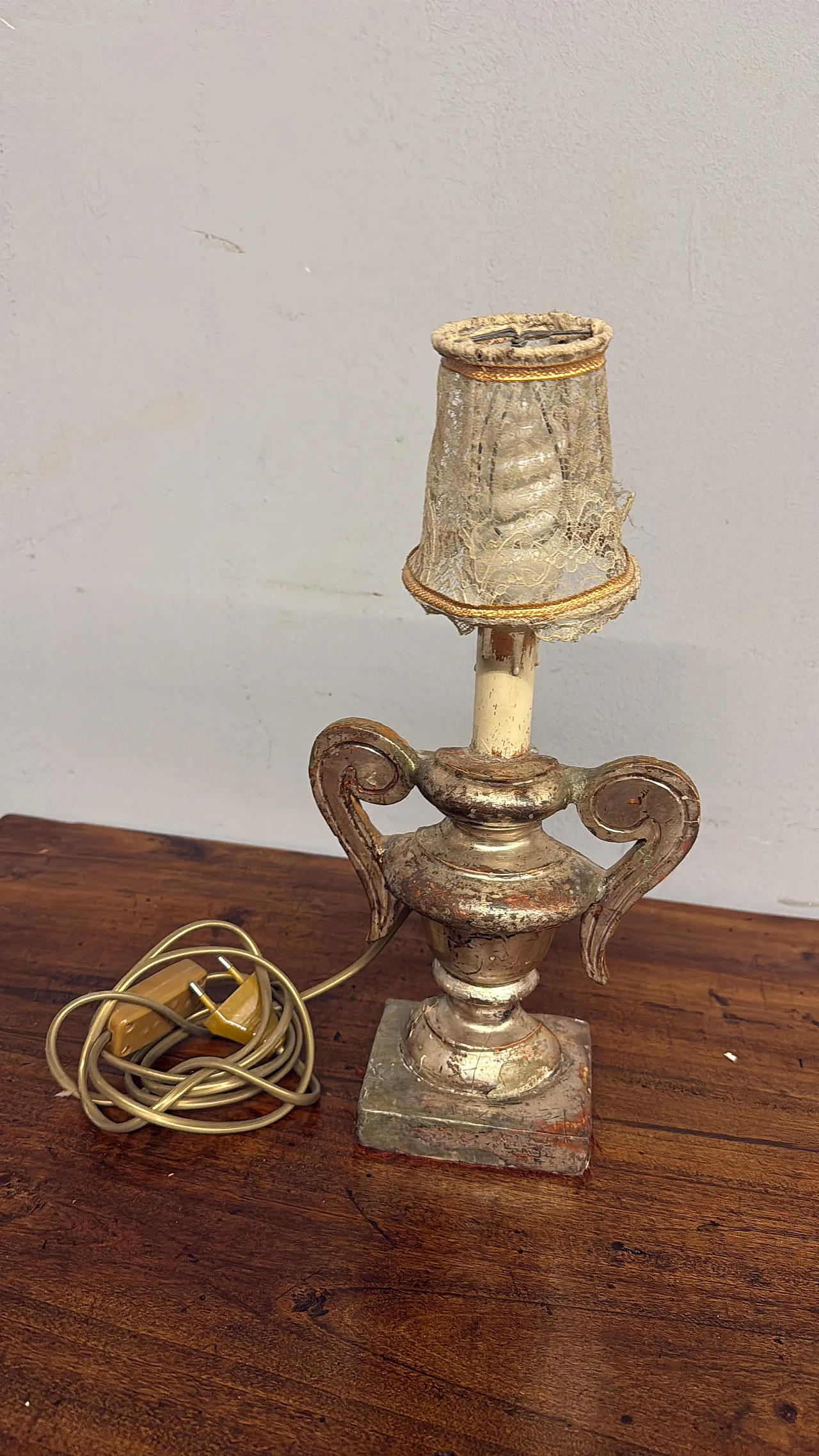 Antico lume porta palme, XVI, in legno e argento meccato, '600 2