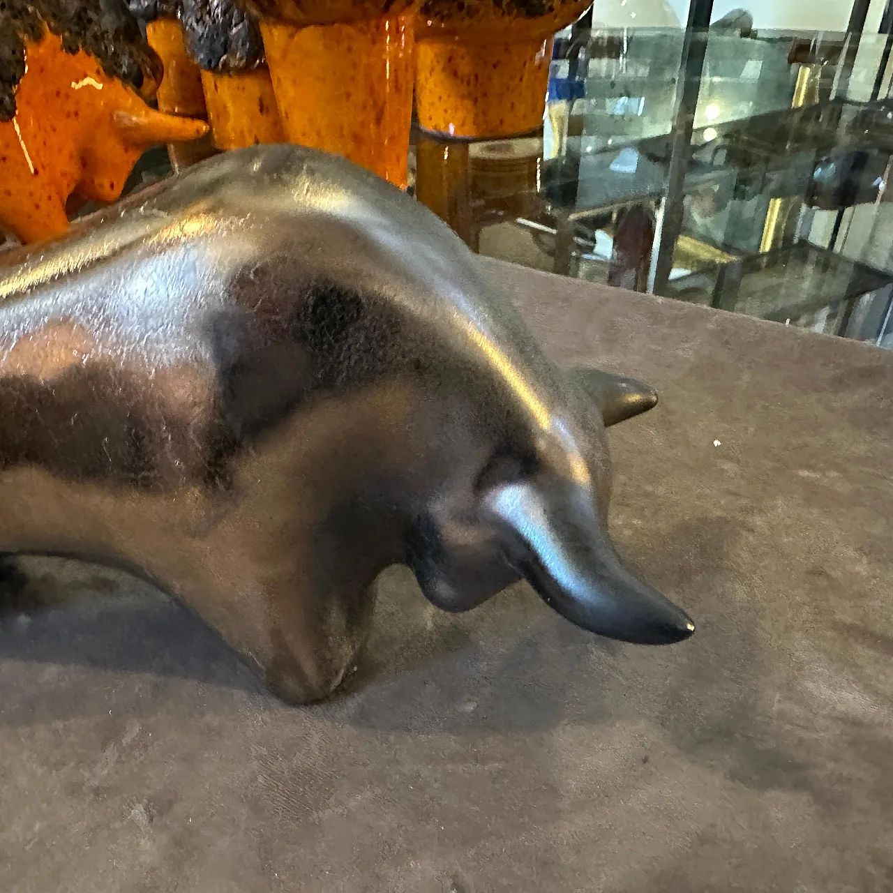 Gray and black lava ceramic bull, 1990s 2