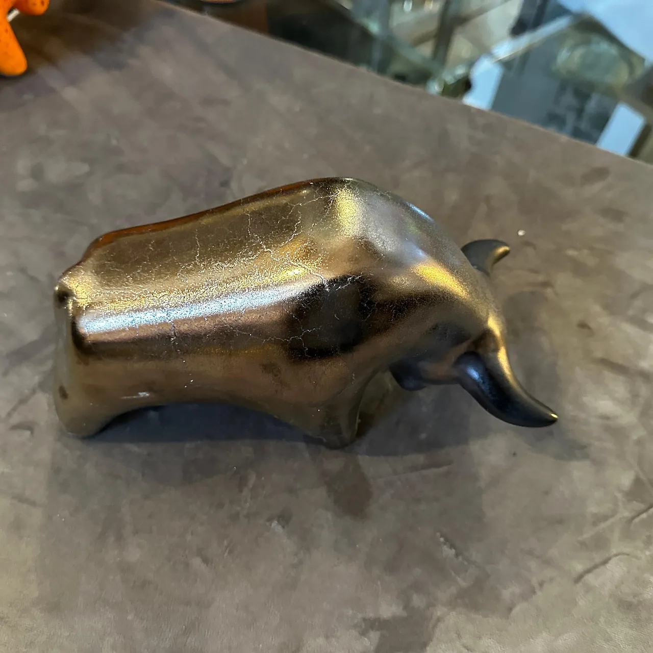 Gray and black lava ceramic bull, 1990s 3