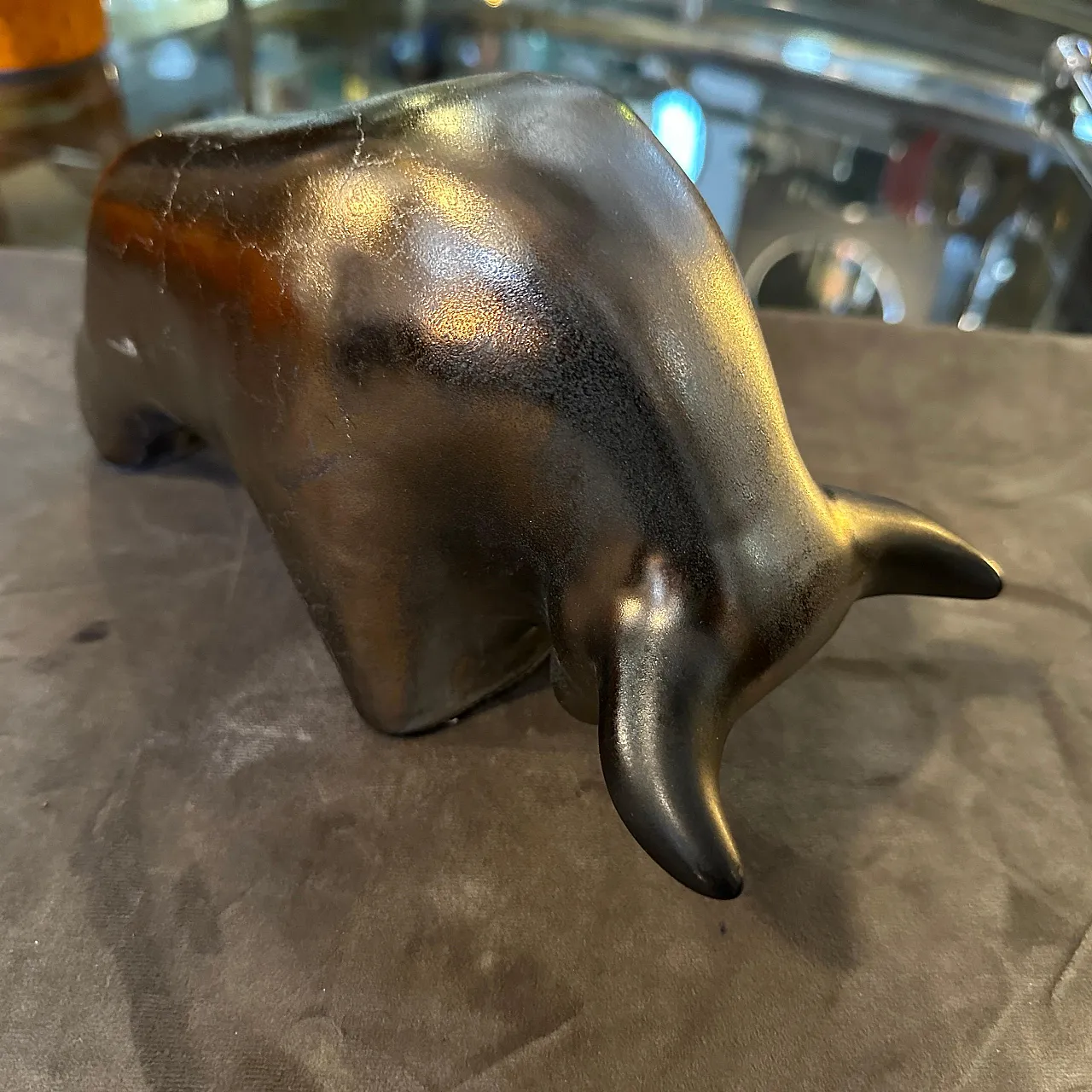 Gray and black lava ceramic bull, 1990s 4