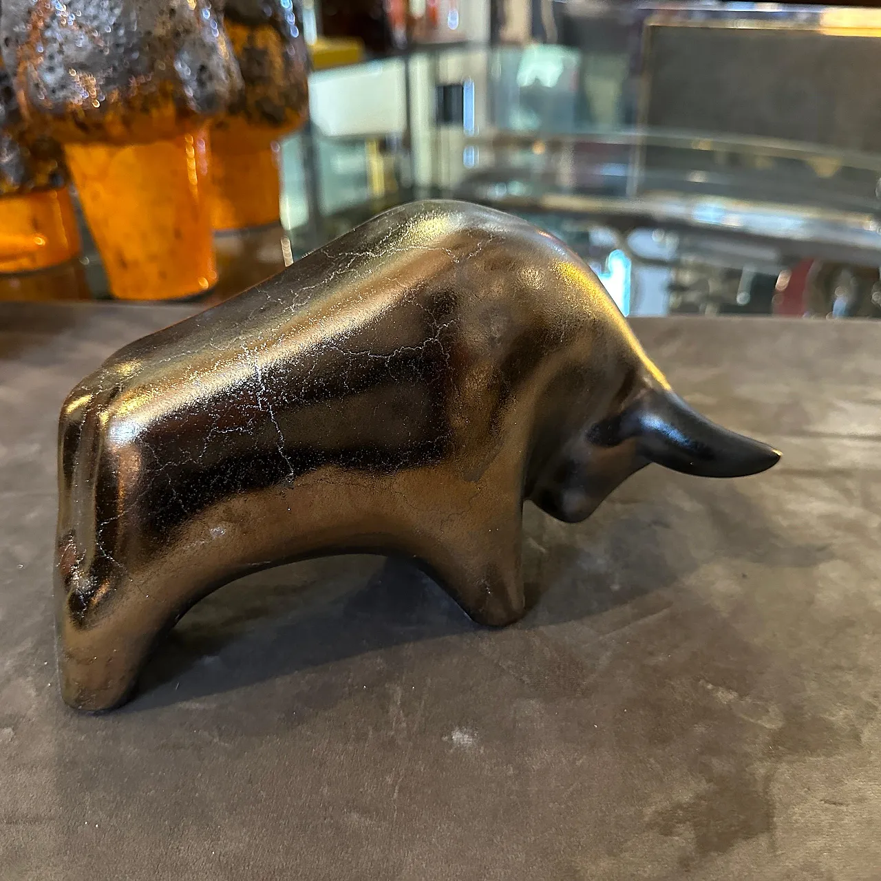 Gray and black lava ceramic bull, 1990s 5