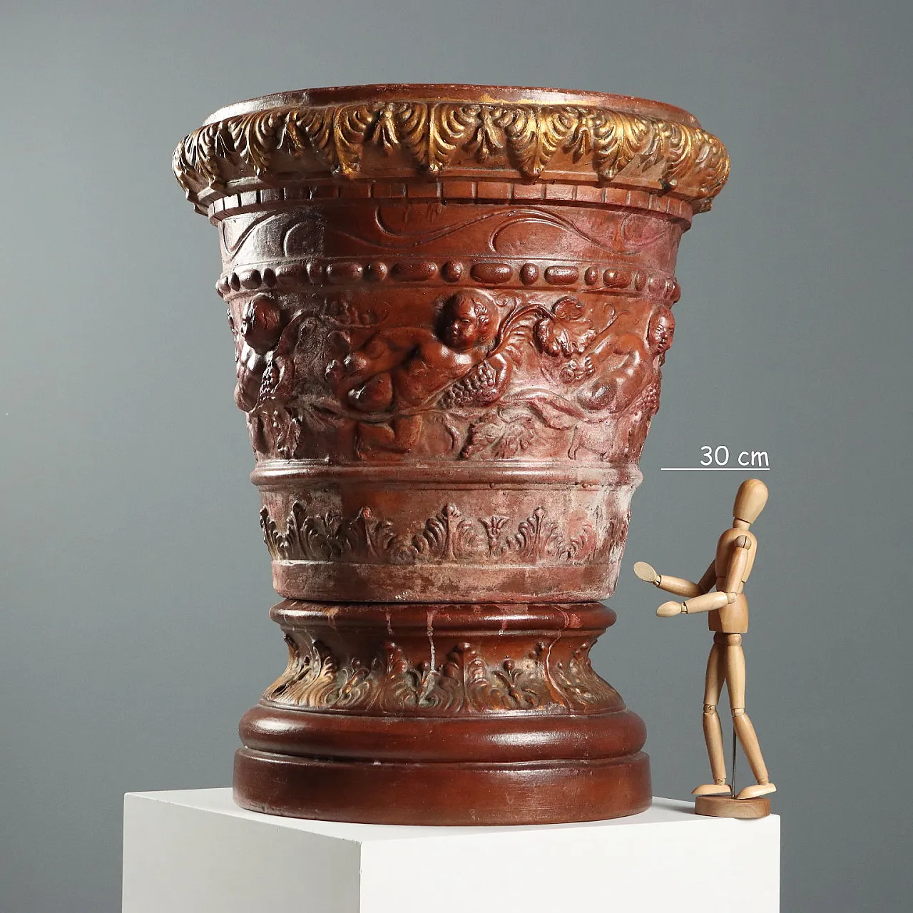 Patinated gilded terracotta vase with vegetal decorations,20th century 2