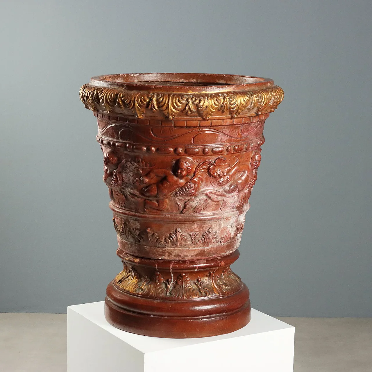 Patinated gilded terracotta vase with vegetal decorations,20th century 3