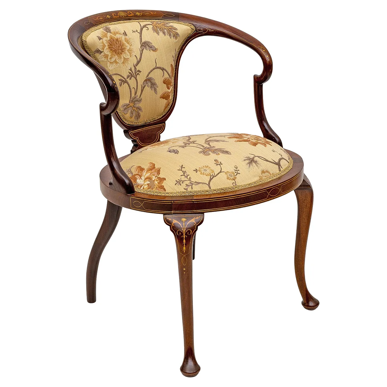 Sedia con schienale a vasca intarsiato in stile edoardiano, primo '900 1