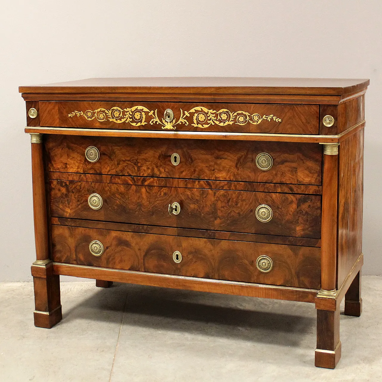 Empire chest of drawers in 19th century Italian inlaid walnut 2