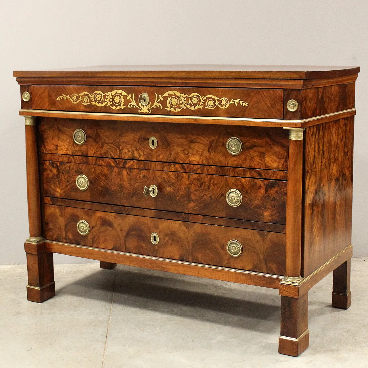 Empire chest of drawers in 19th century Italian inlaid walnut 3