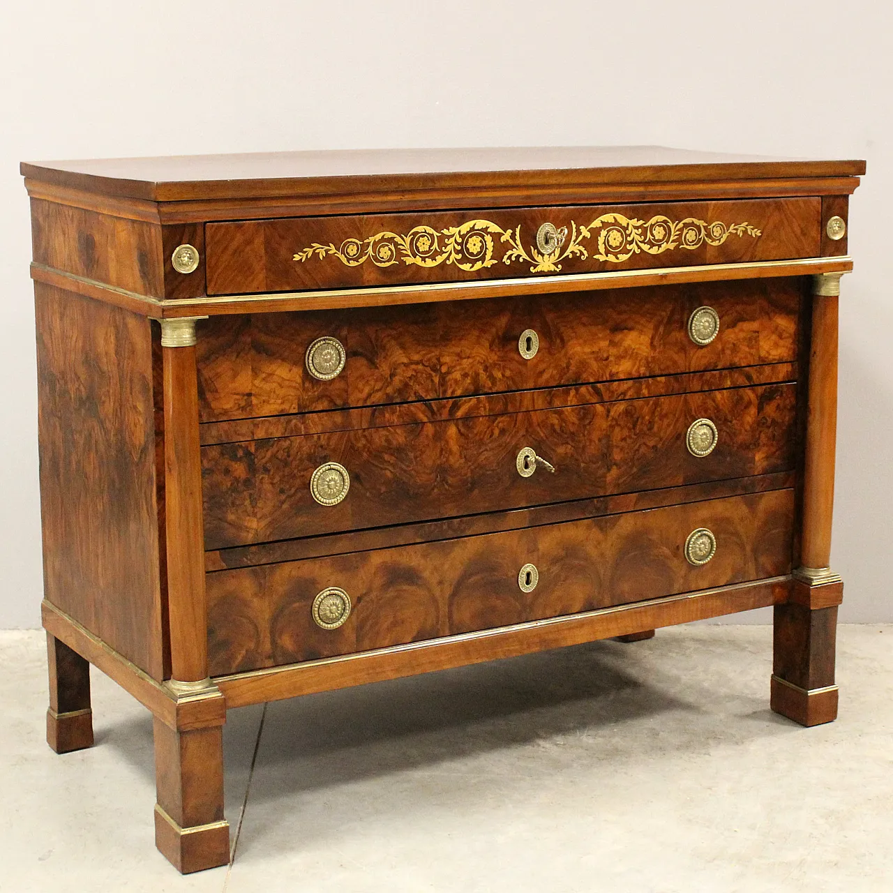 Empire chest of drawers in 19th century Italian inlaid walnut 4