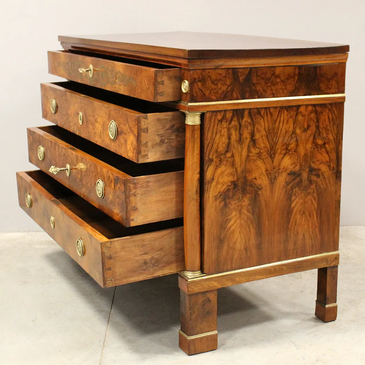 Empire chest of drawers in 19th century Italian inlaid walnut 5