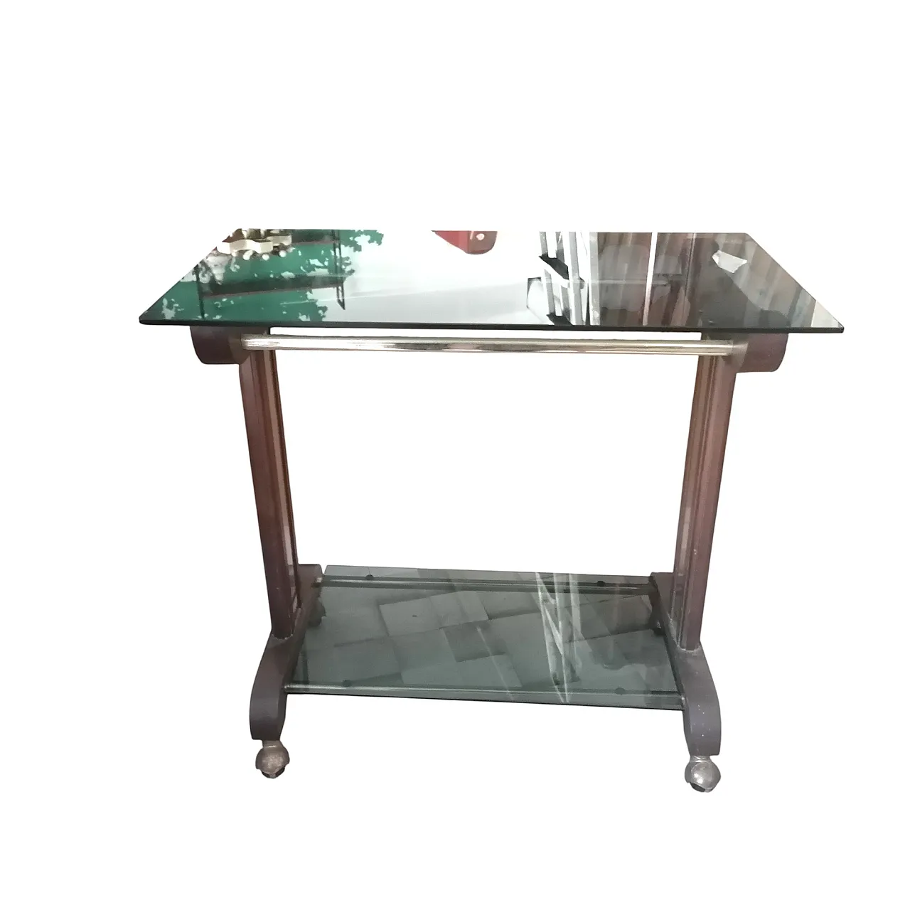 Carrello con ripiani fumé, anni '60 5