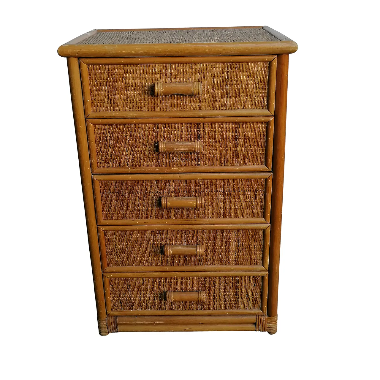 Bamboo and Woven Rattan Five-Drawer Chest, 1970s 1