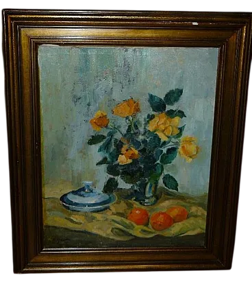 Still life oil painting bouquet of flowers and fruits, 20th century
