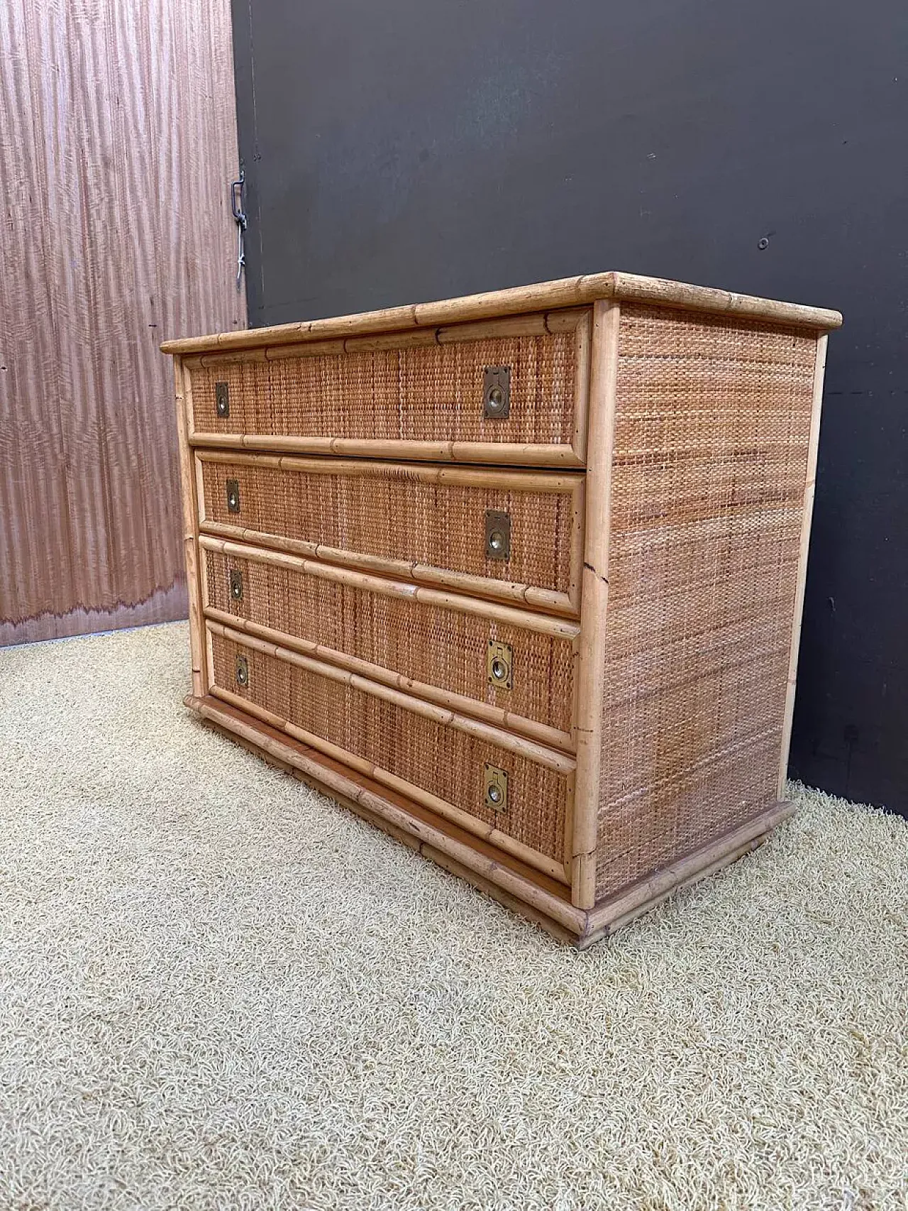 Dal Vera bamboo and rattan chest of drawers, 1970s 4