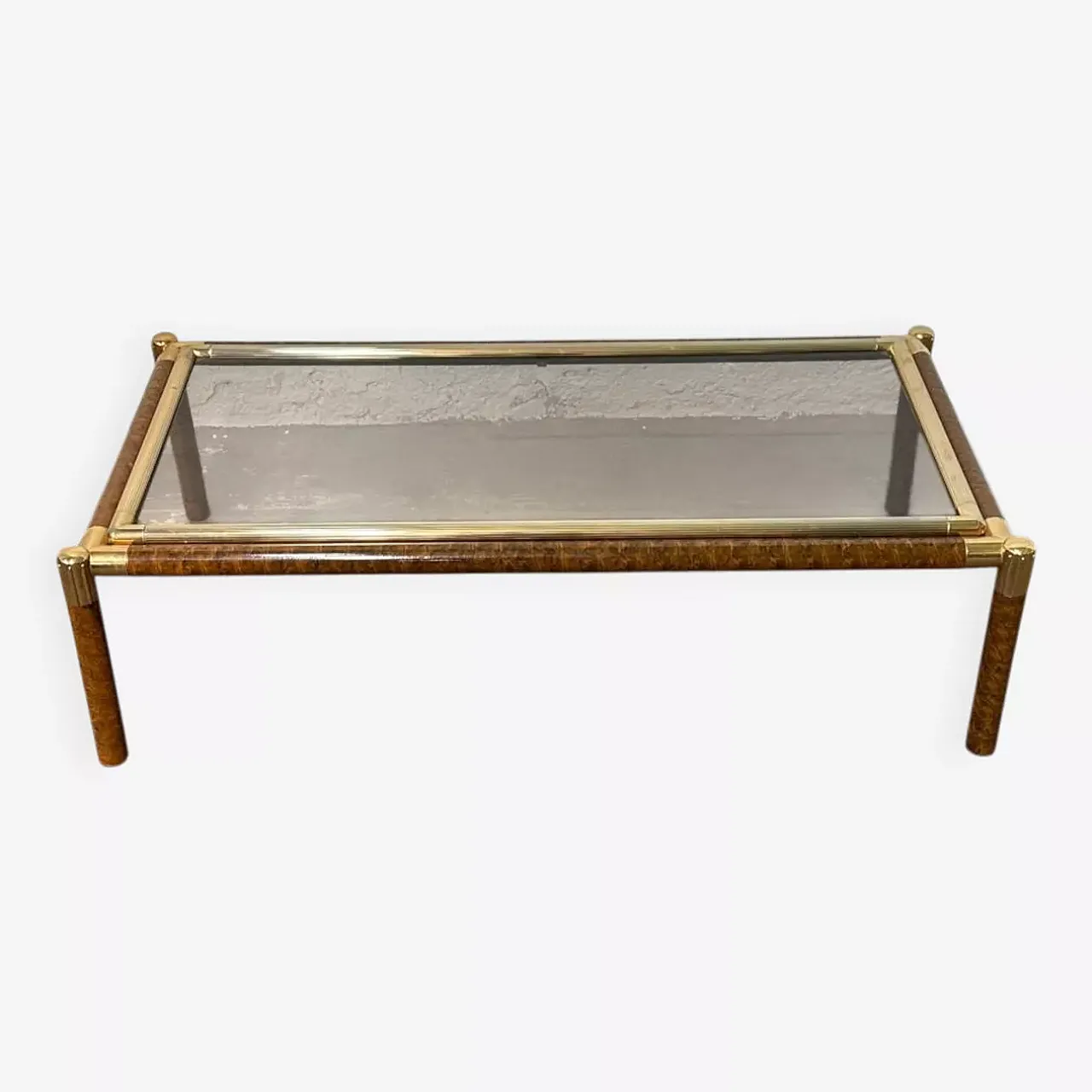 Coffee table in golden metal and fake elm briar, 1980s 1
