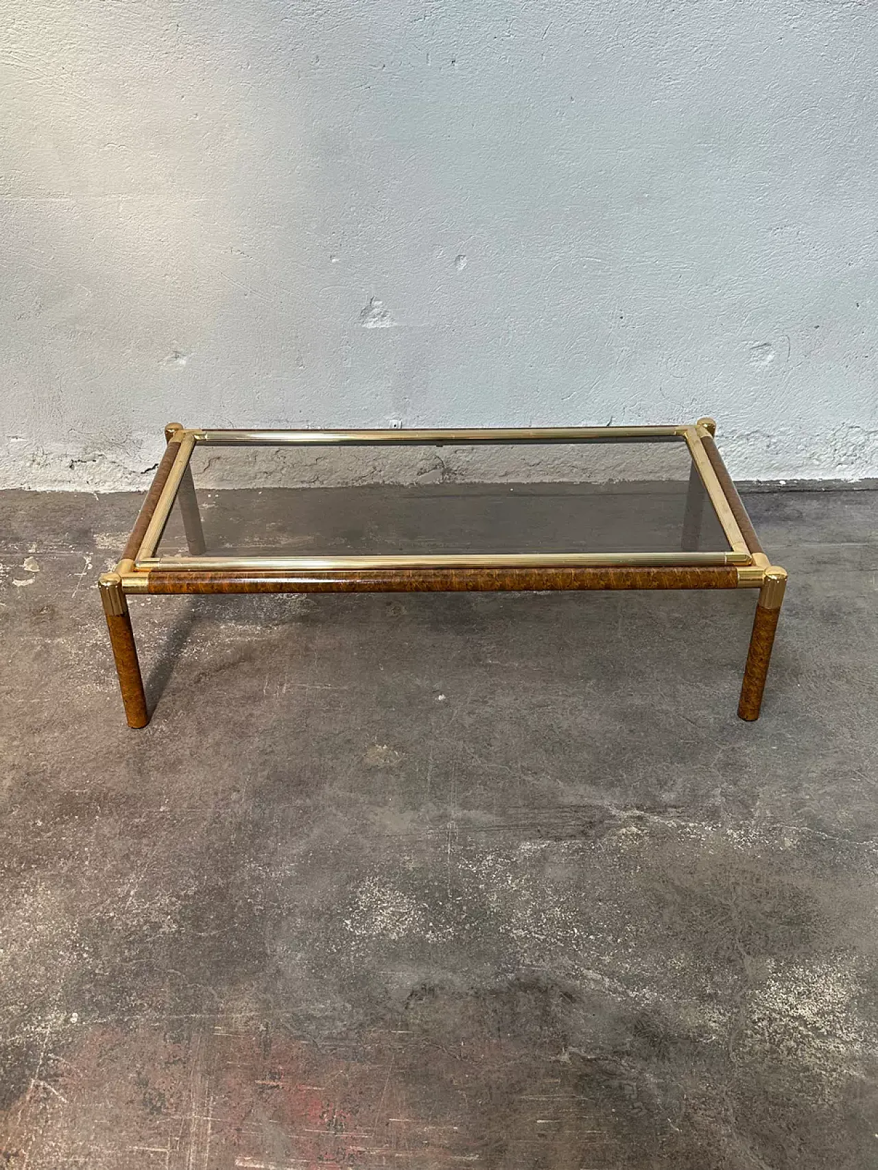 Coffee table in golden metal and fake elm briar, 1980s 2