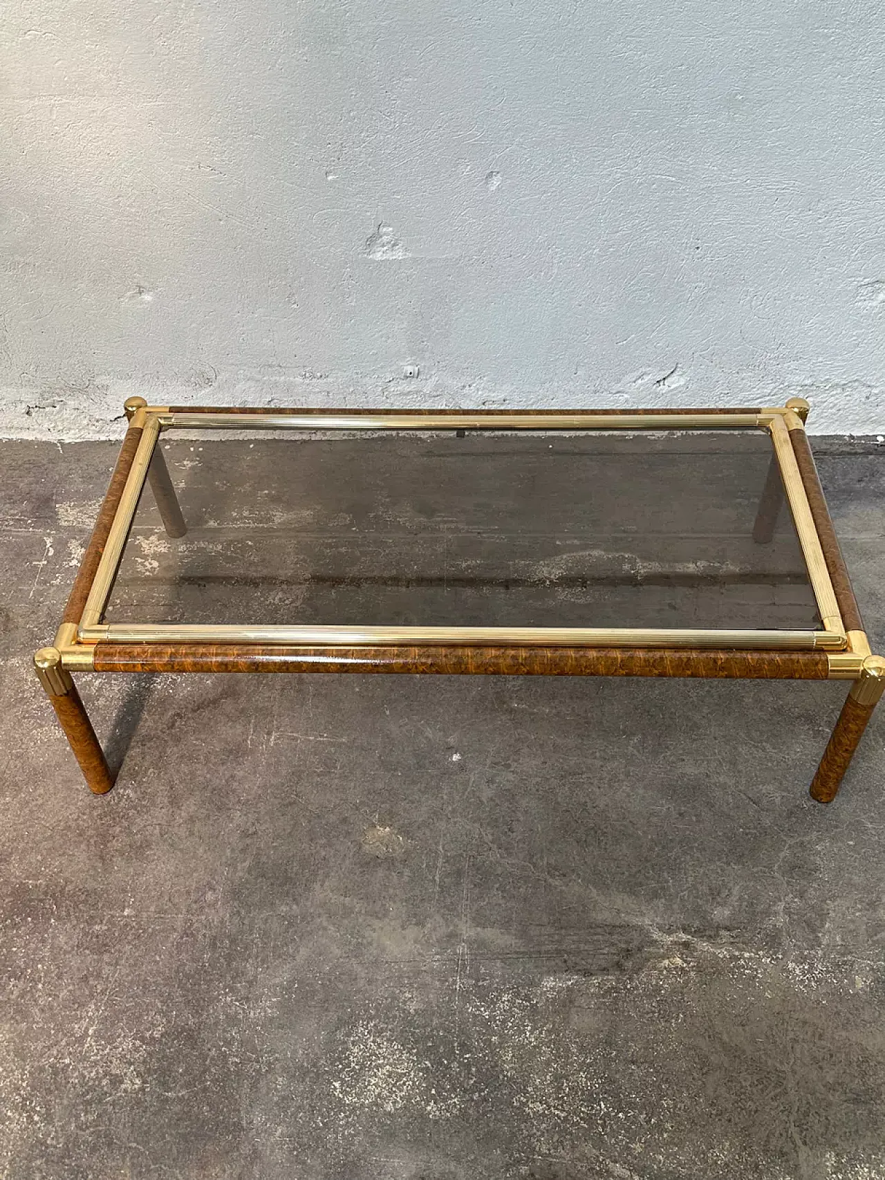 Coffee table in golden metal and fake elm briar, 1980s 3
