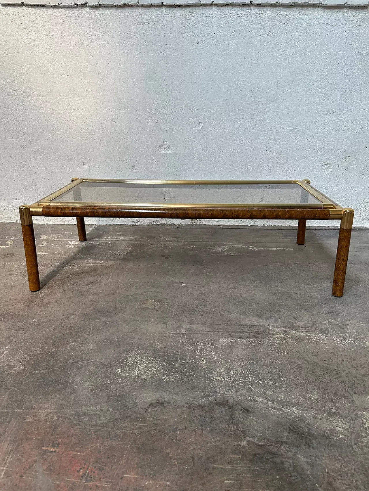 Coffee table in golden metal and fake elm briar, 1980s 6