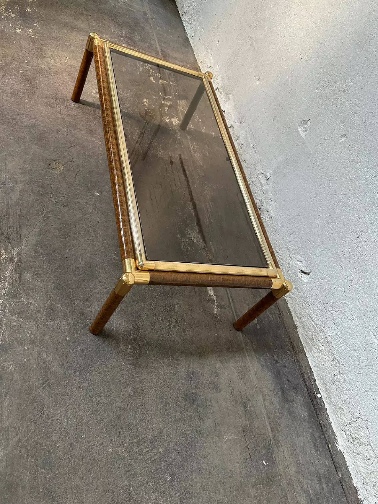 Coffee table in golden metal and fake elm briar, 1980s 9