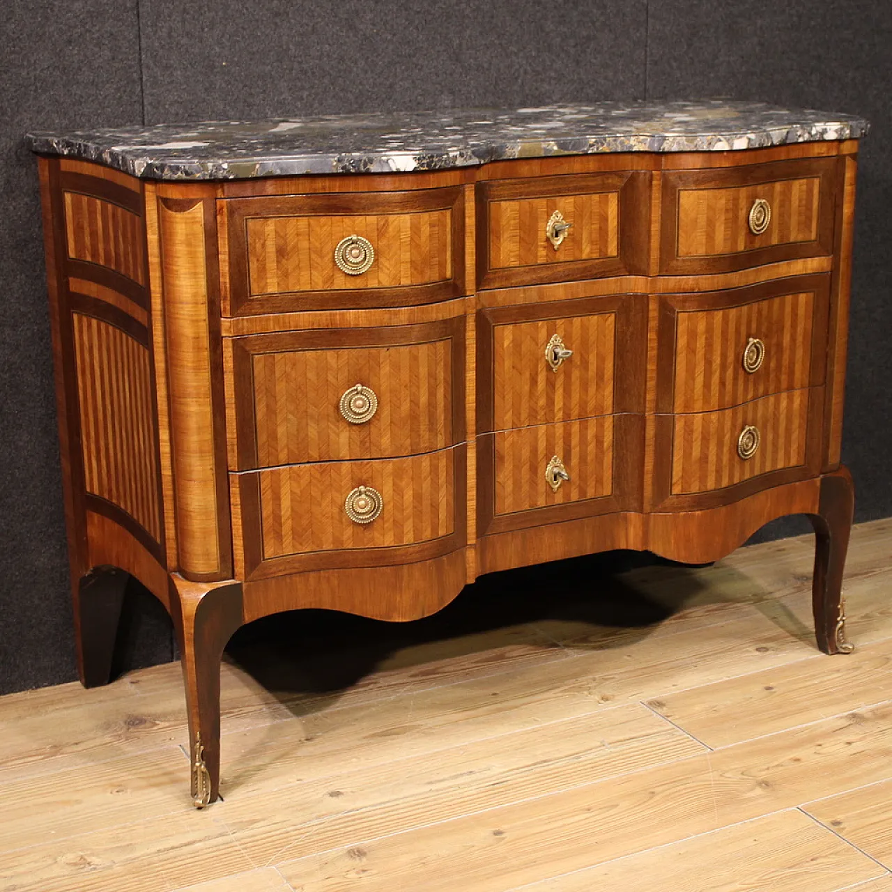 French inlaid chest of drawers marble top, 19th century 1