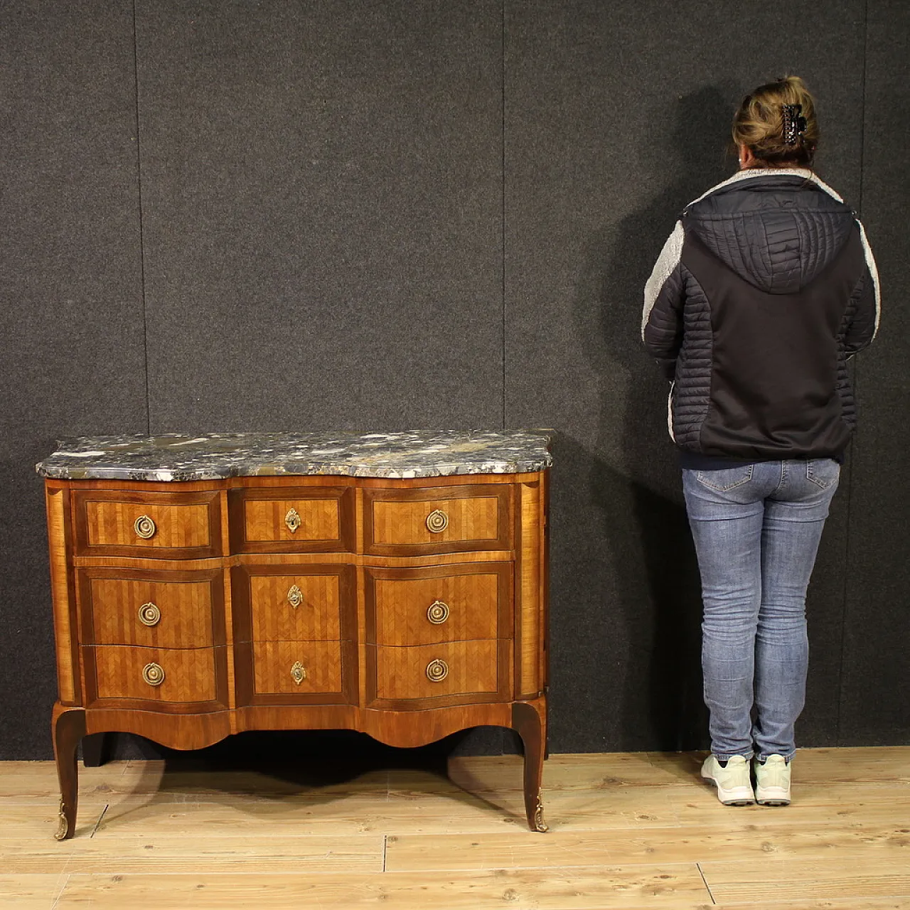 French inlaid chest of drawers marble top, 19th century 2