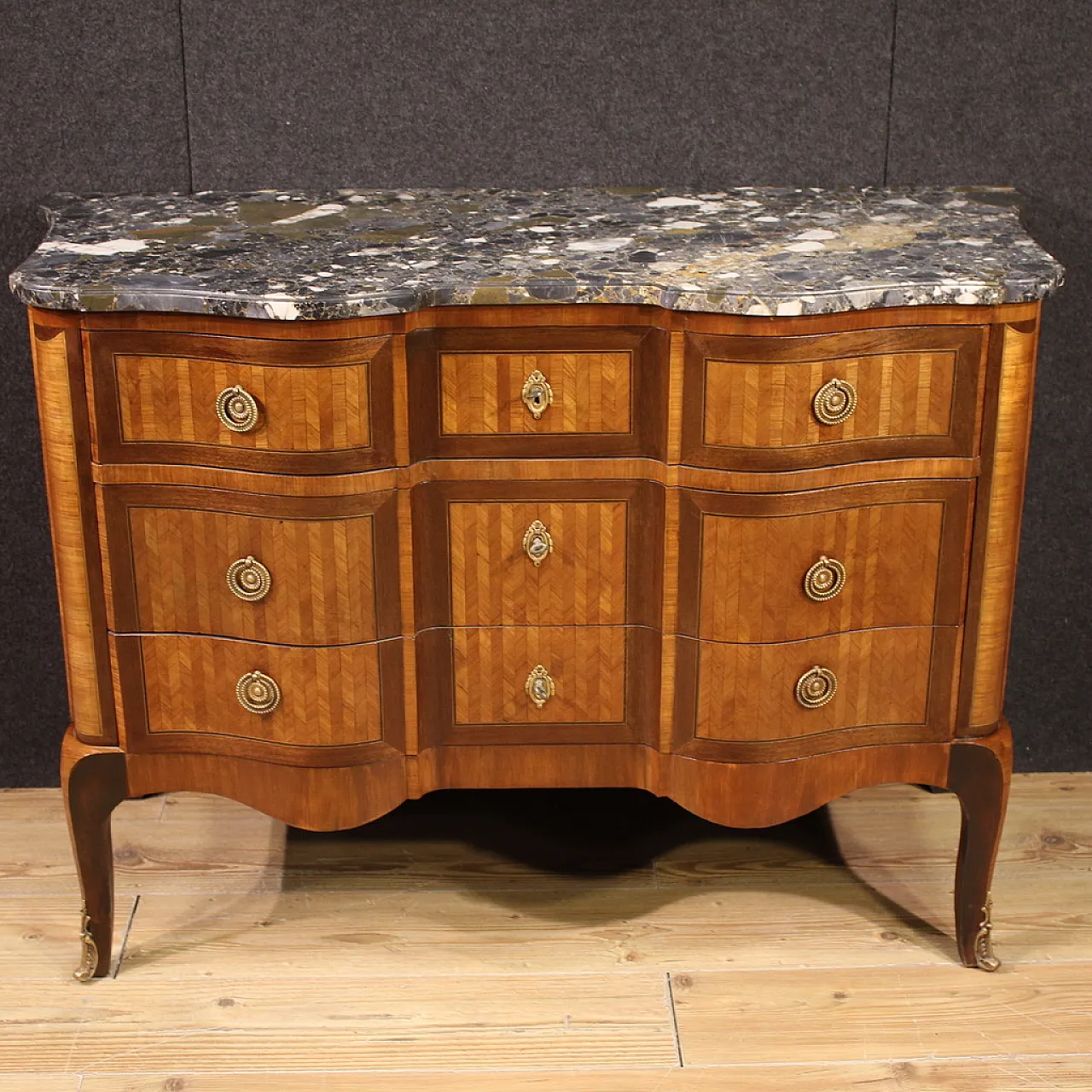 French inlaid chest of drawers marble top, 19th century 3