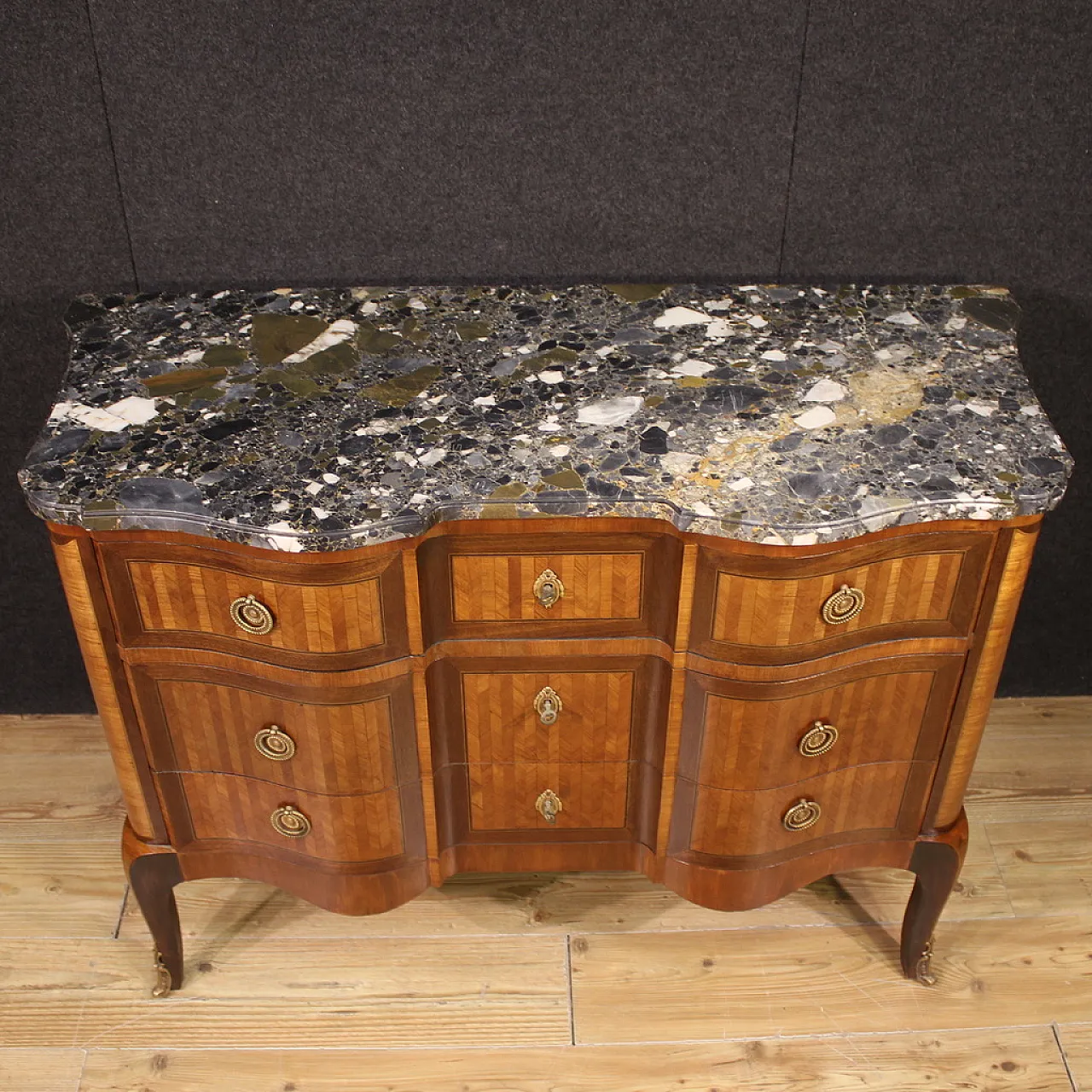 French inlaid chest of drawers marble top, 19th century 8