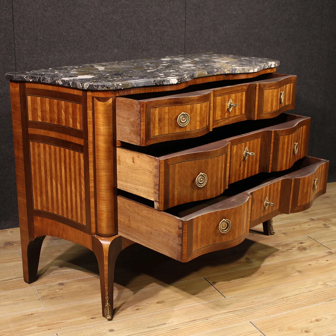 French inlaid chest of drawers marble top, 19th century 11