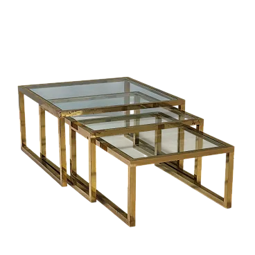 3 Tavolini impilabili in ottone e piani quadrati, '900