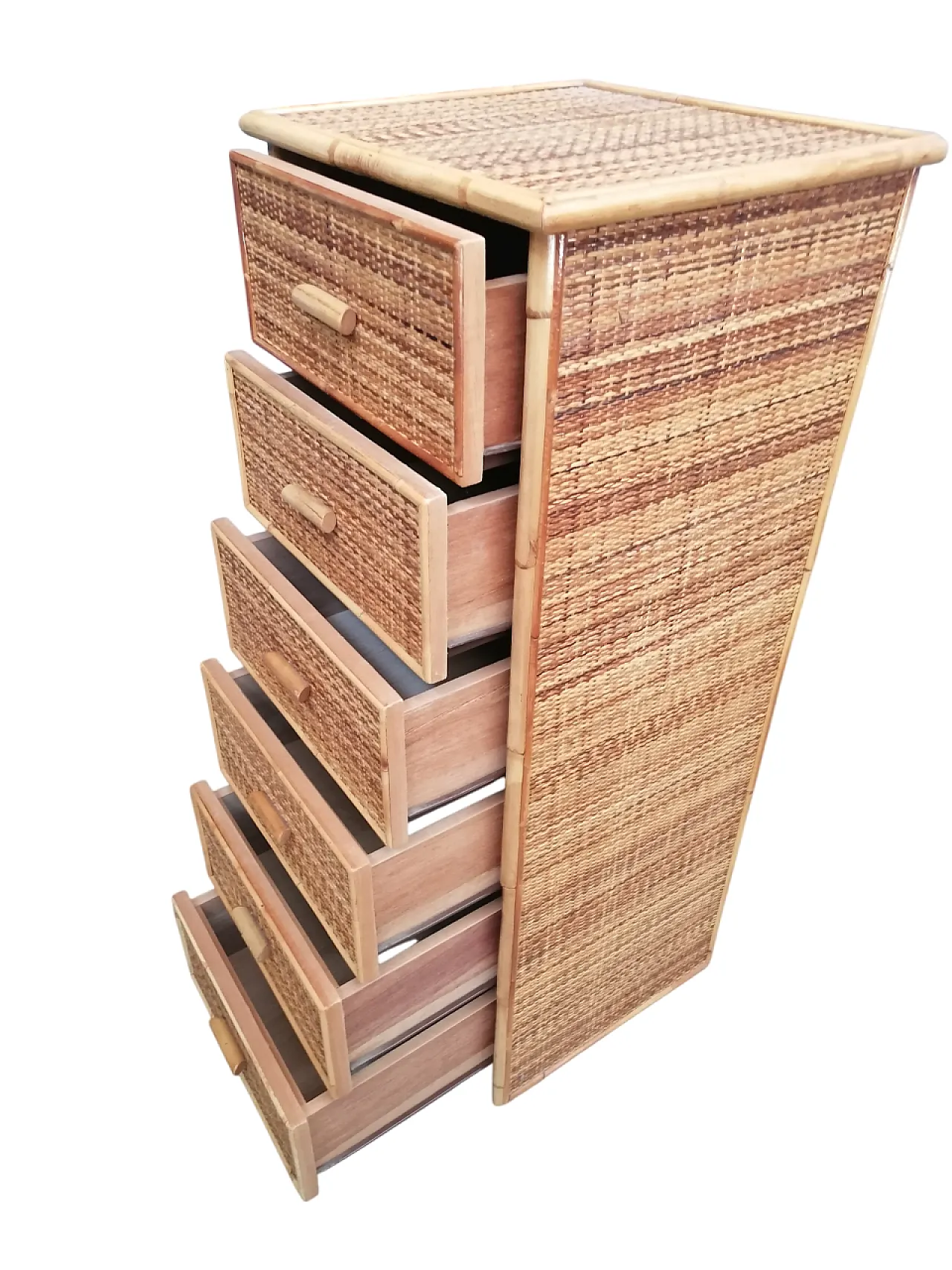 Cassettiera in canna, bambù e vimini, anni '70 9