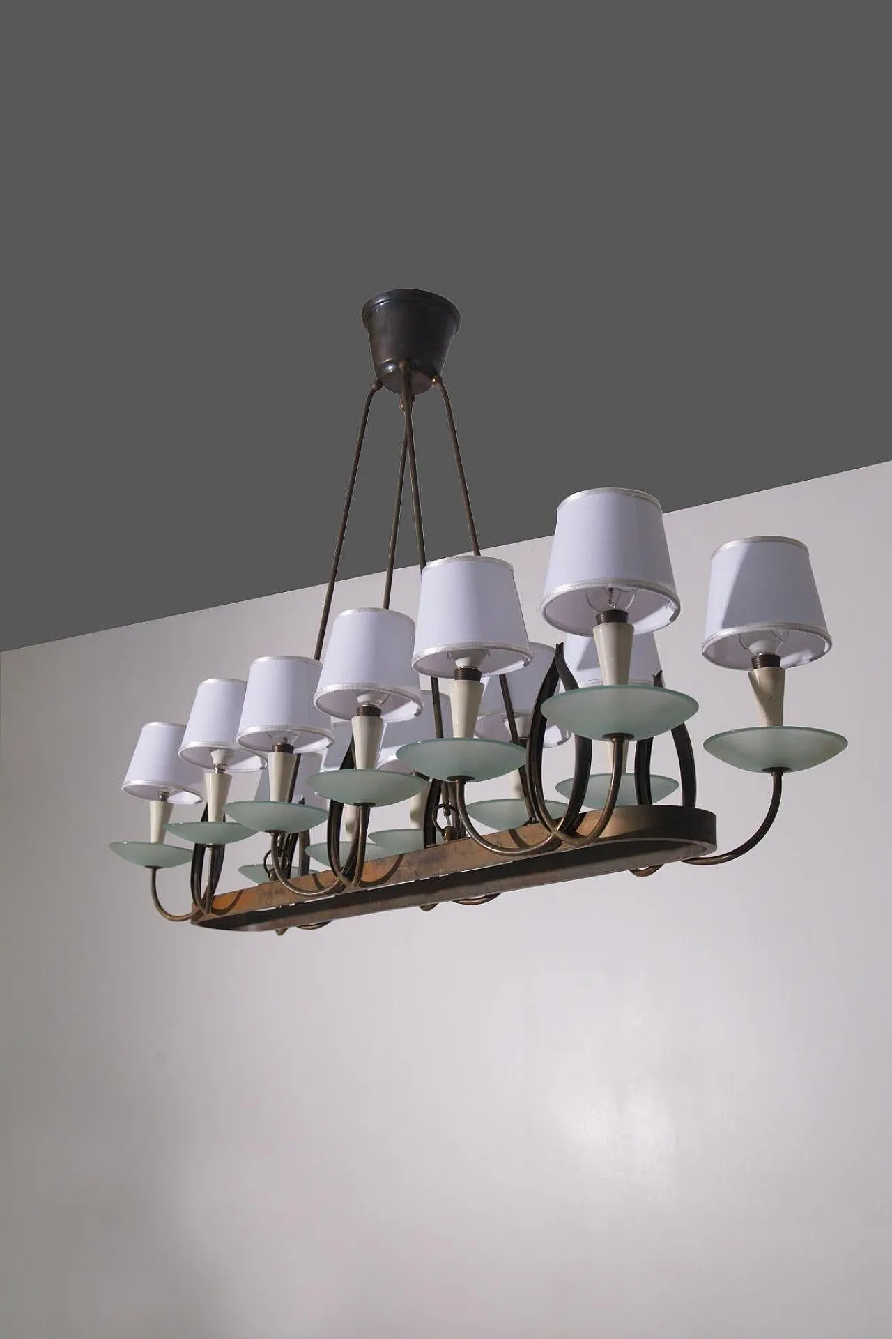 Lampadario di P. Chiesa per Fontana L. in ottone e vetro, anni '30 2