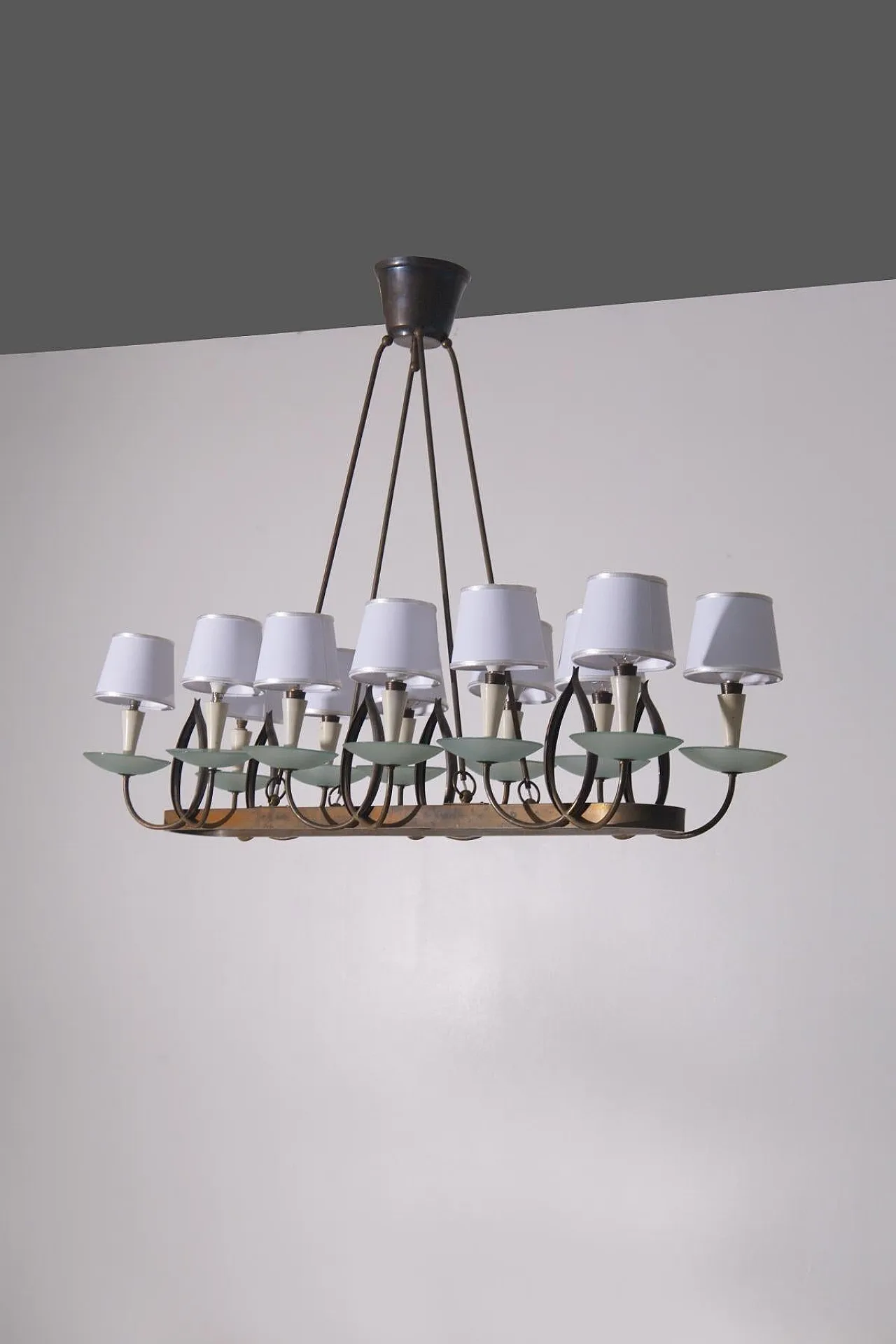 Lampadario di P. Chiesa per Fontana L. in ottone e vetro, anni '30 9