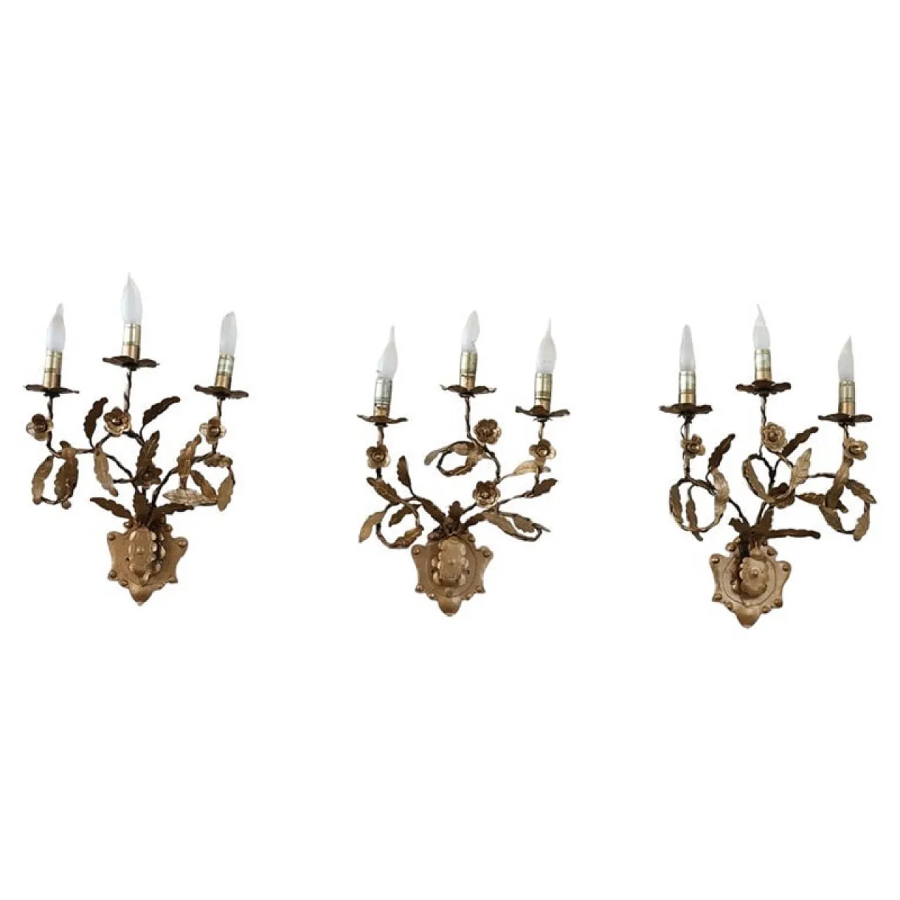 Set of three classic golden iron wall sconces, 1980s 1