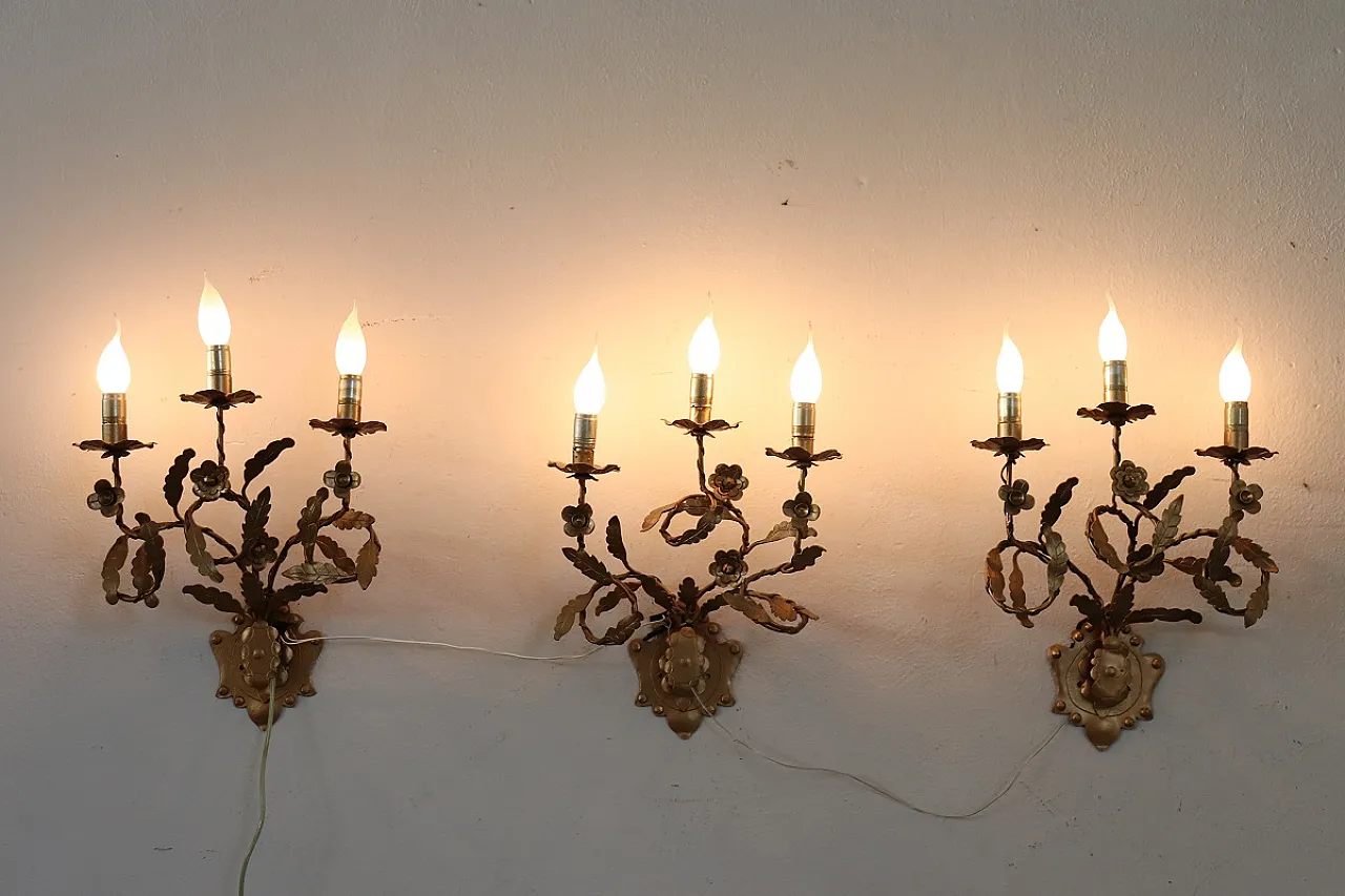 Set of three classic golden iron wall sconces, 1980s 2