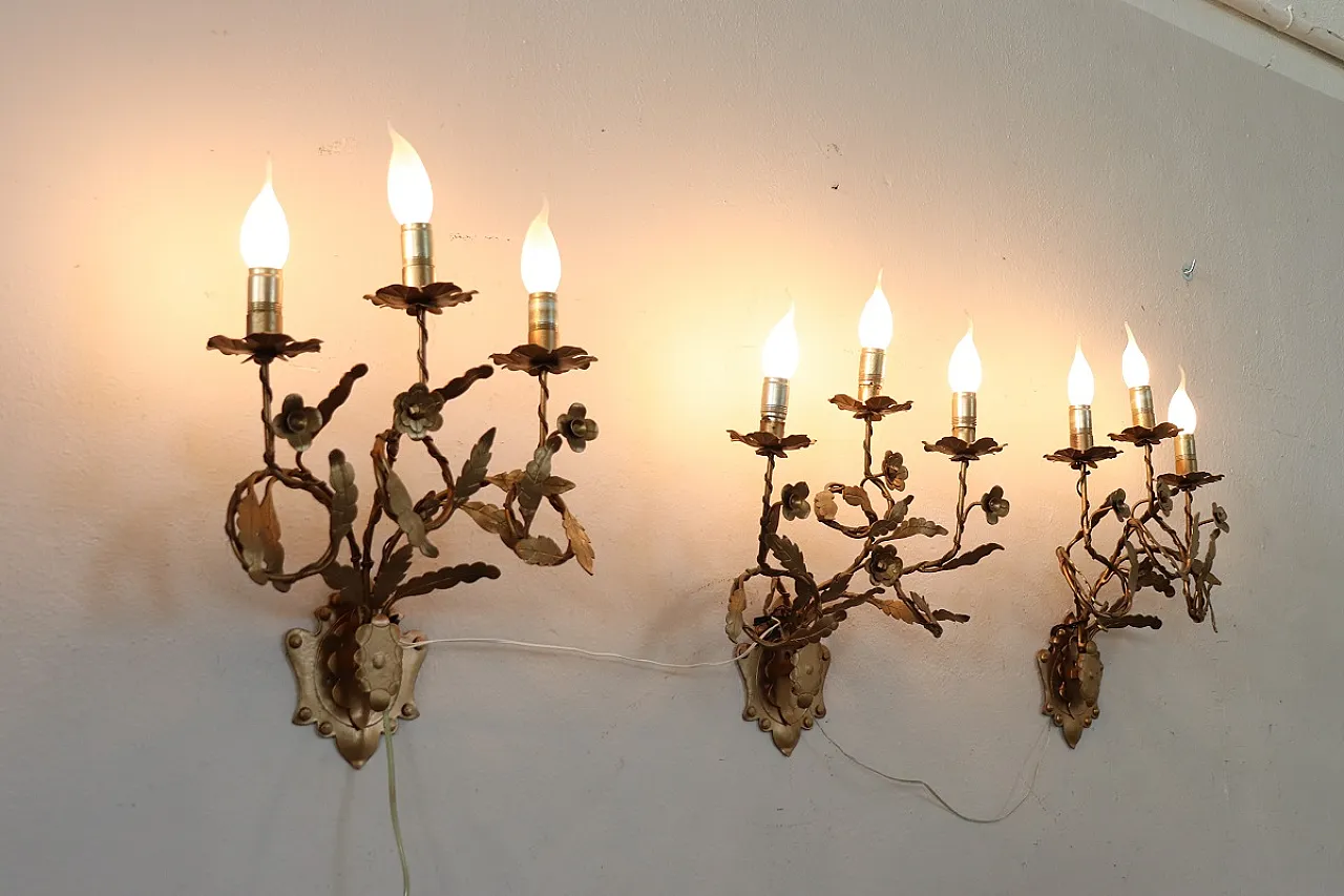 Set of three classic golden iron wall sconces, 1980s 3