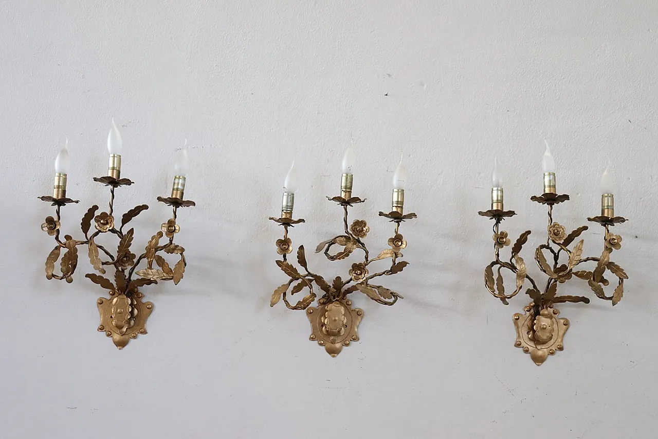 Set of three classic golden iron wall sconces, 1980s 4