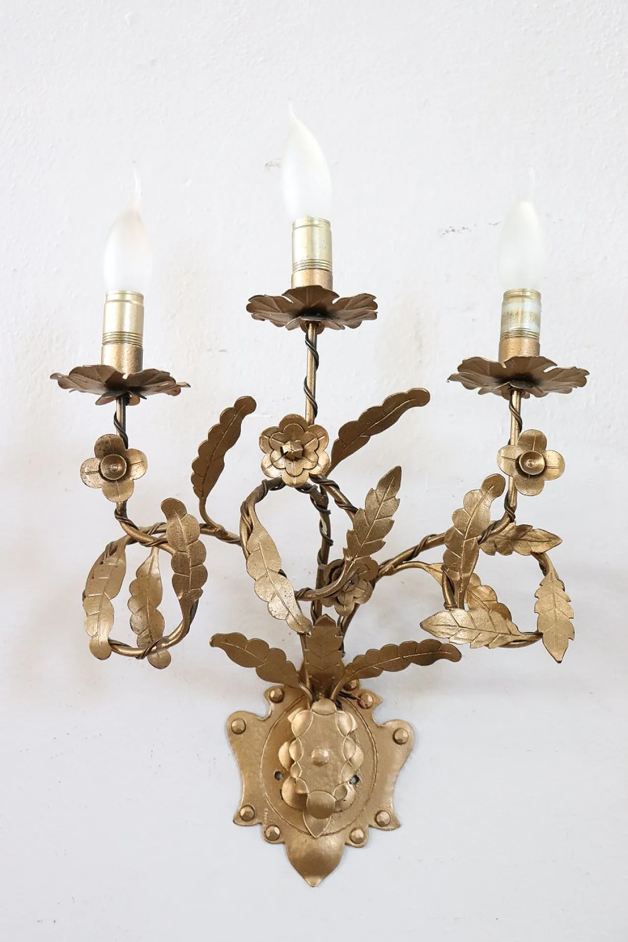Set of three classic golden iron wall sconces, 1980s 5