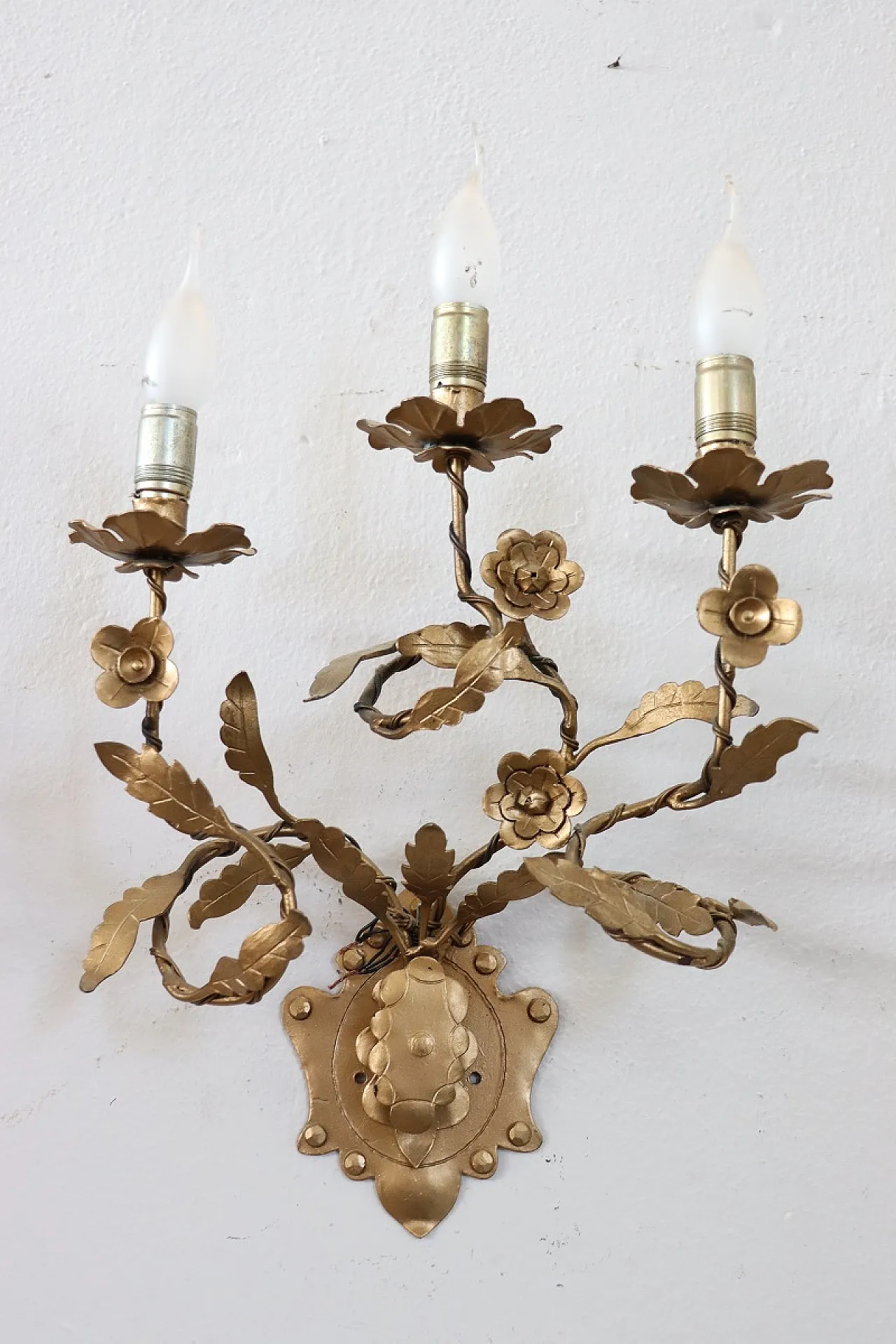 Set of three classic golden iron wall sconces, 1980s 6