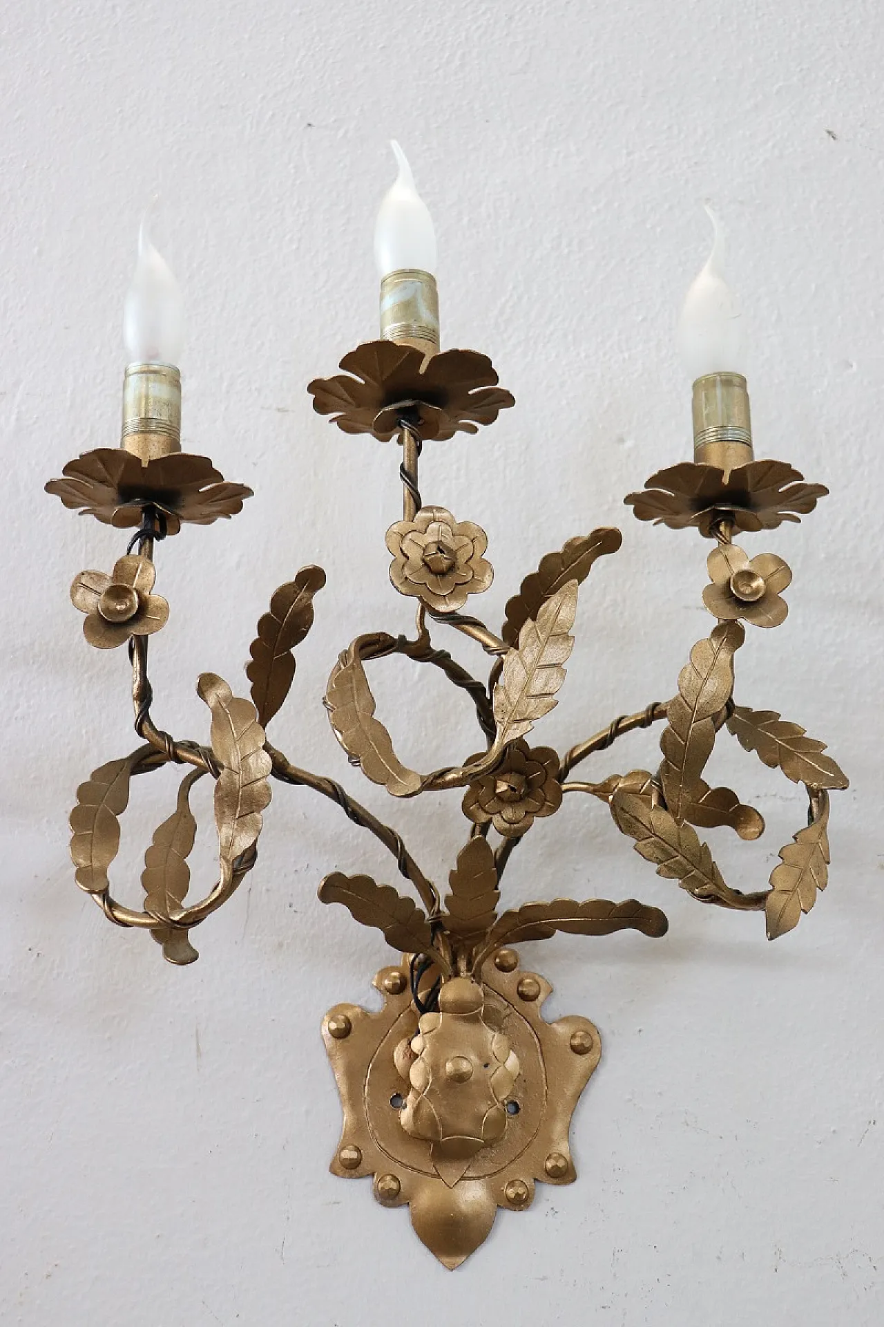 Set of three classic golden iron wall sconces, 1980s 7