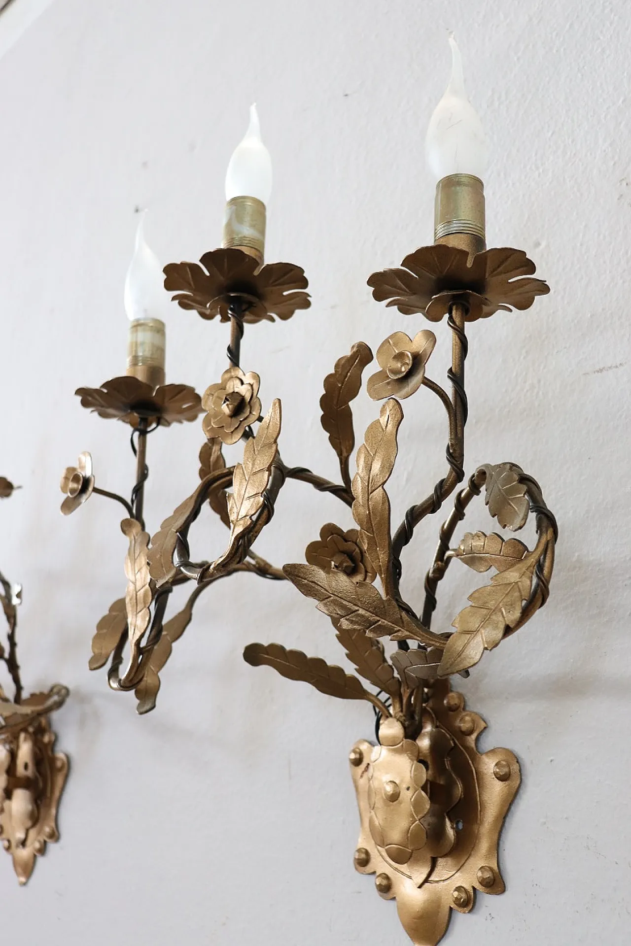 Set of three classic golden iron wall sconces, 1980s 8