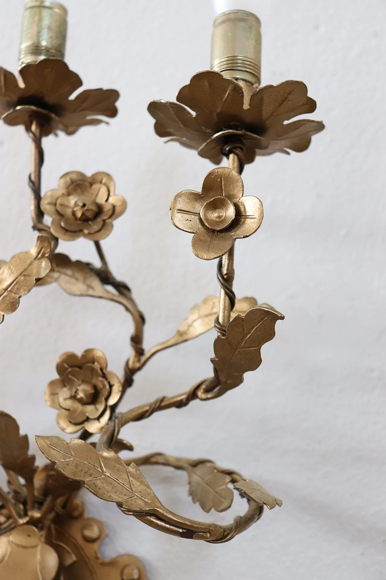 Set of three classic golden iron wall sconces, 1980s 9