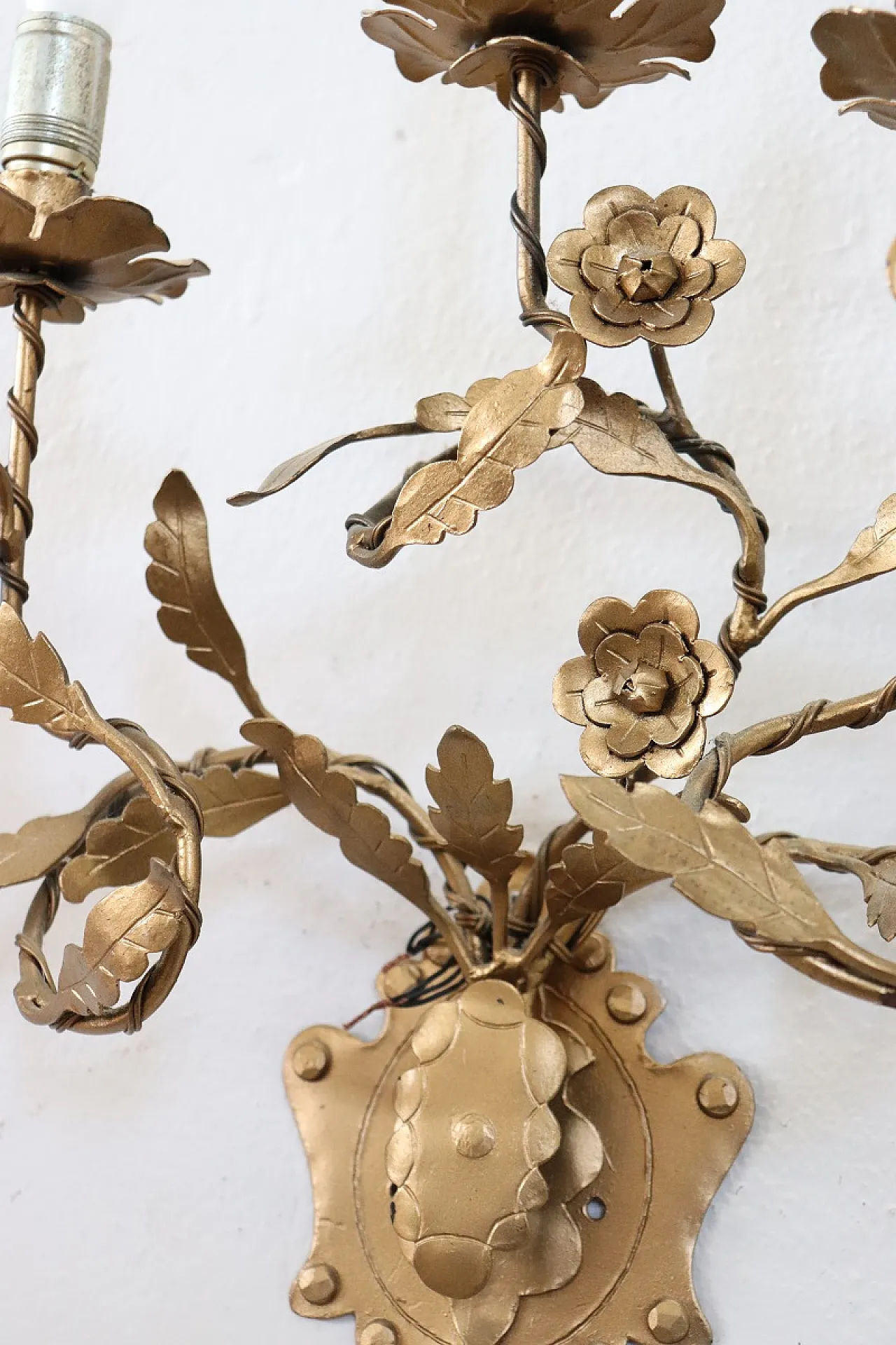 Set of three classic golden iron wall sconces, 1980s 10