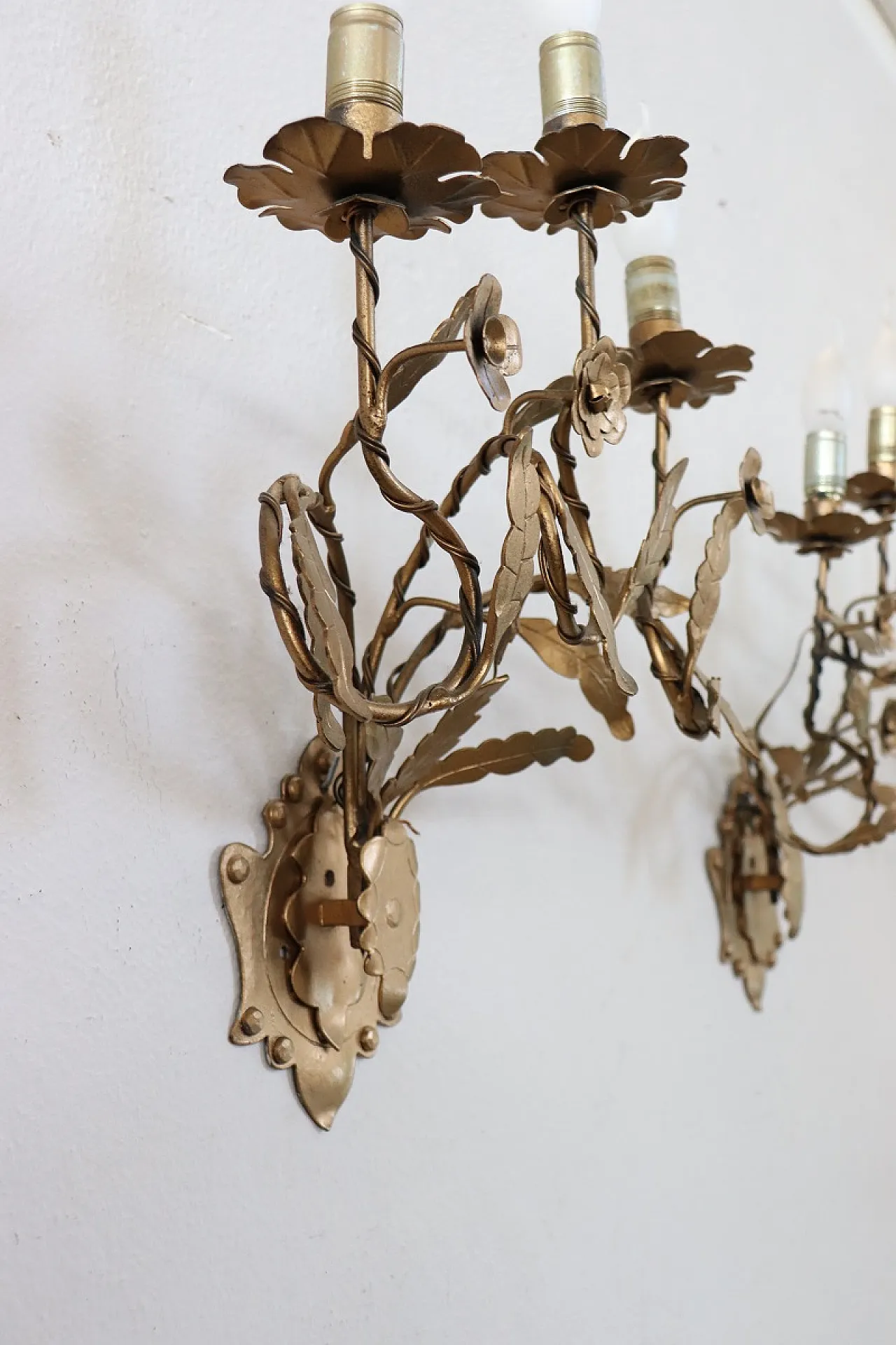 Set of three classic golden iron wall sconces, 1980s 11