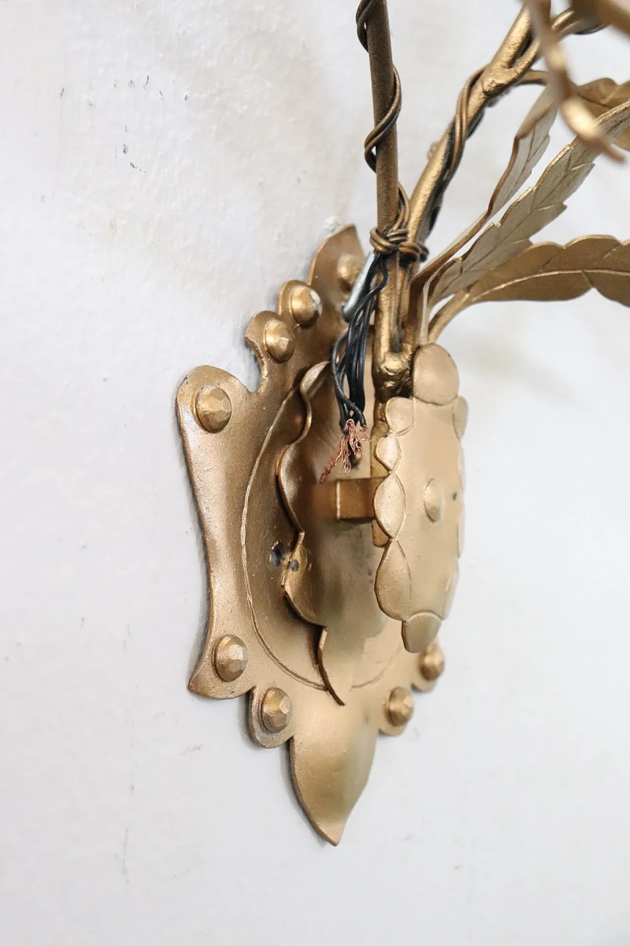 Set of three classic golden iron wall sconces, 1980s 13