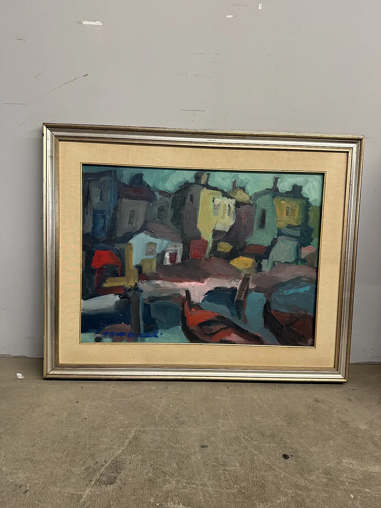 Dipinto materico paesaggio case moderno, anni '60 2