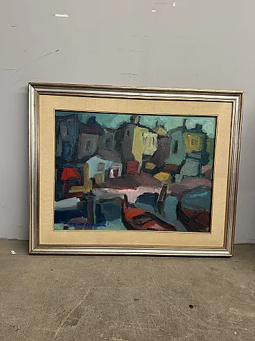 Dipinto materico paesaggio case moderno, anni '60