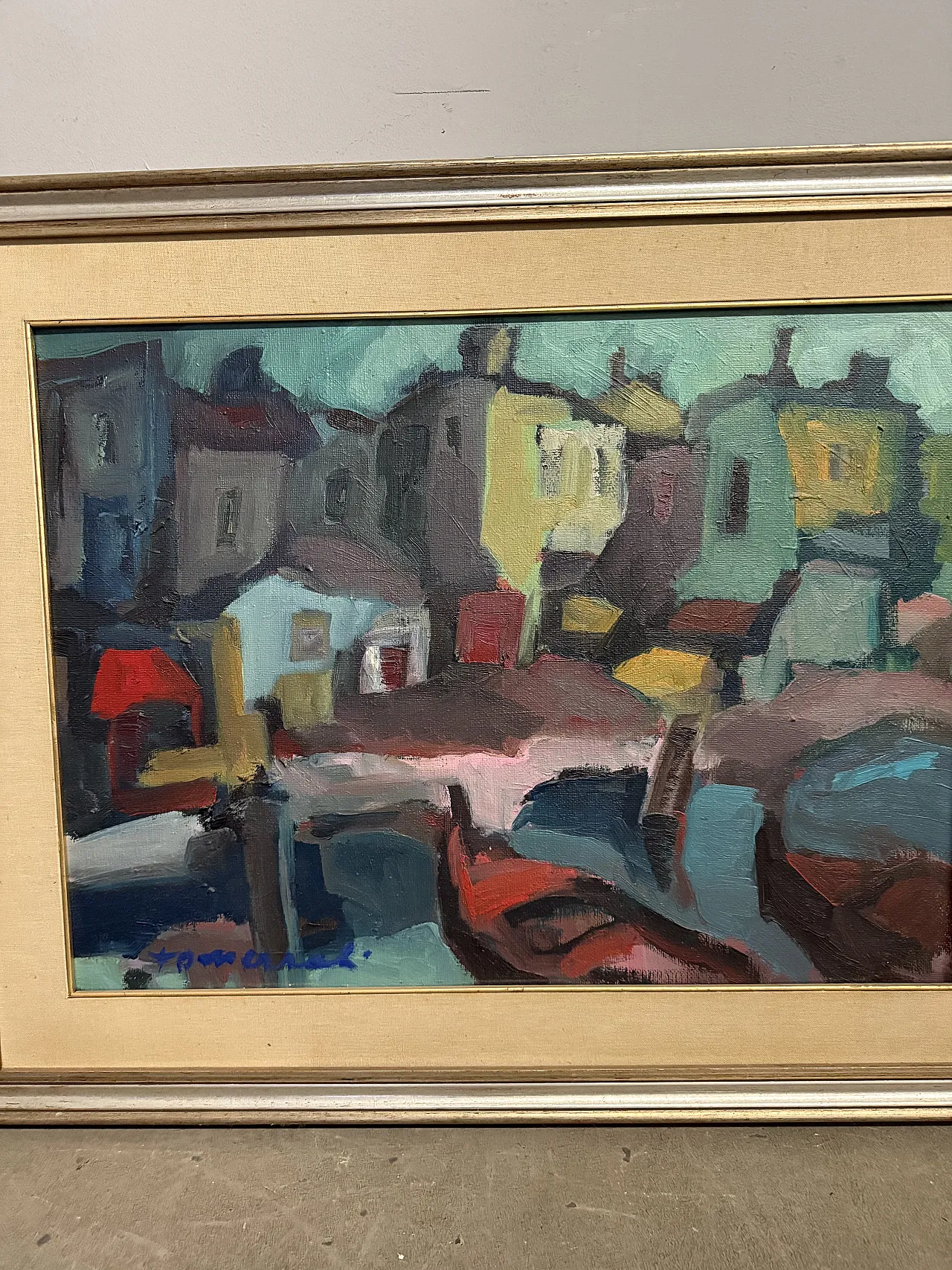 Dipinto materico paesaggio case moderno, anni '60 3